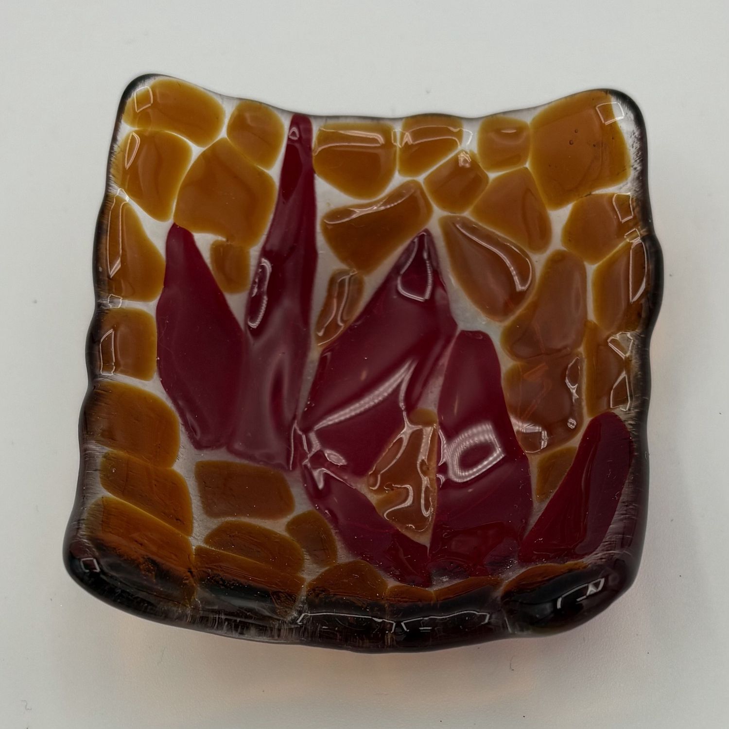 Nathan Strother, Fused Glass Ring Dish, Red and Brown Design