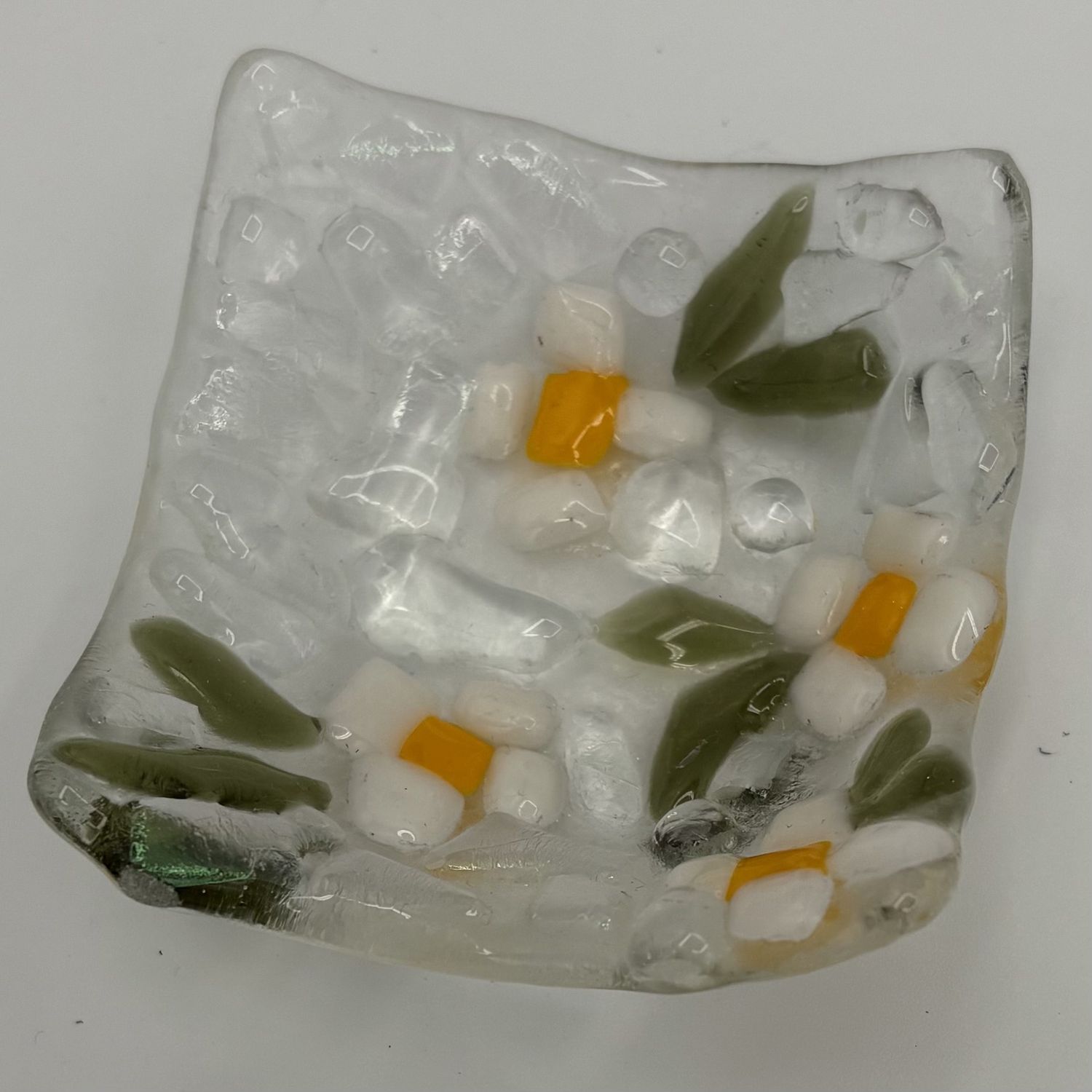 Jody Mann, Fused Glass Ring Dish, White Flowers