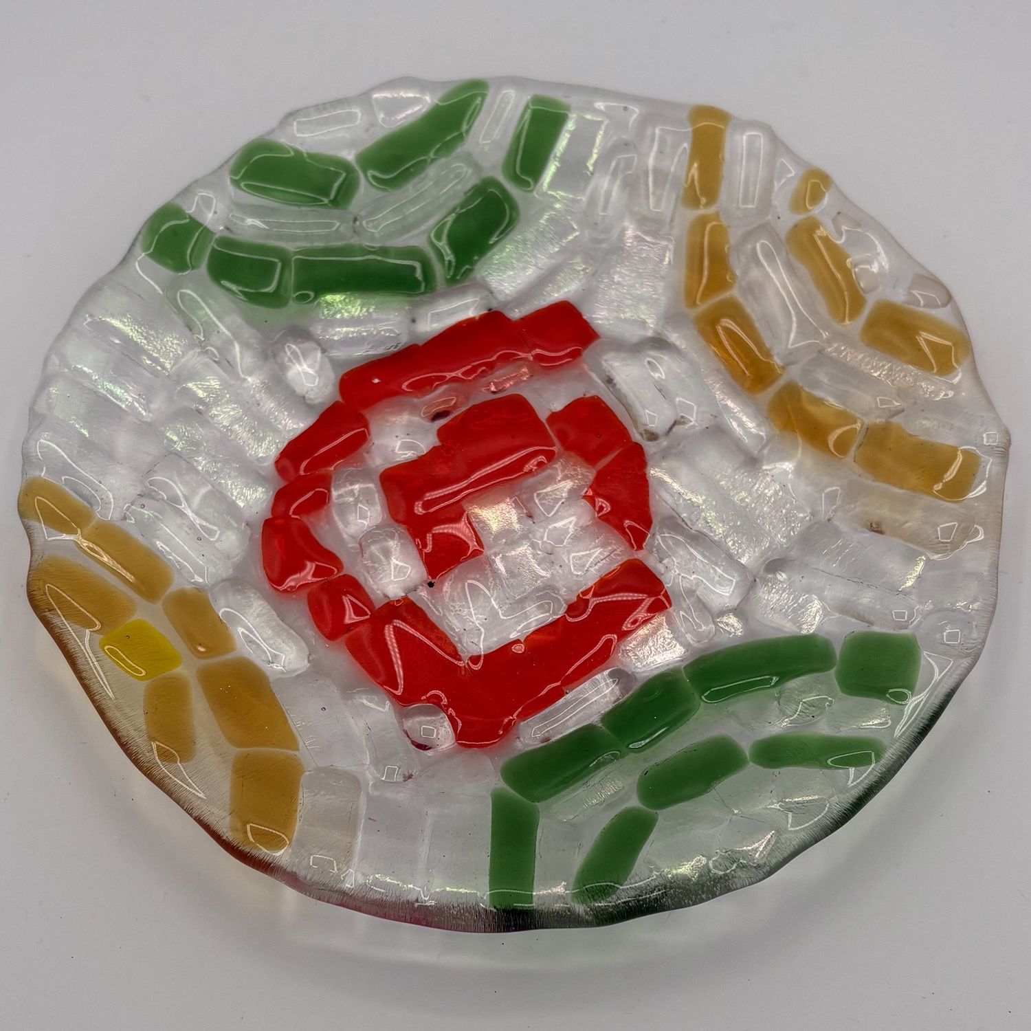 Alphonso Rowe, Fused Glass Dish, Yellow, Orange and Green Swirls