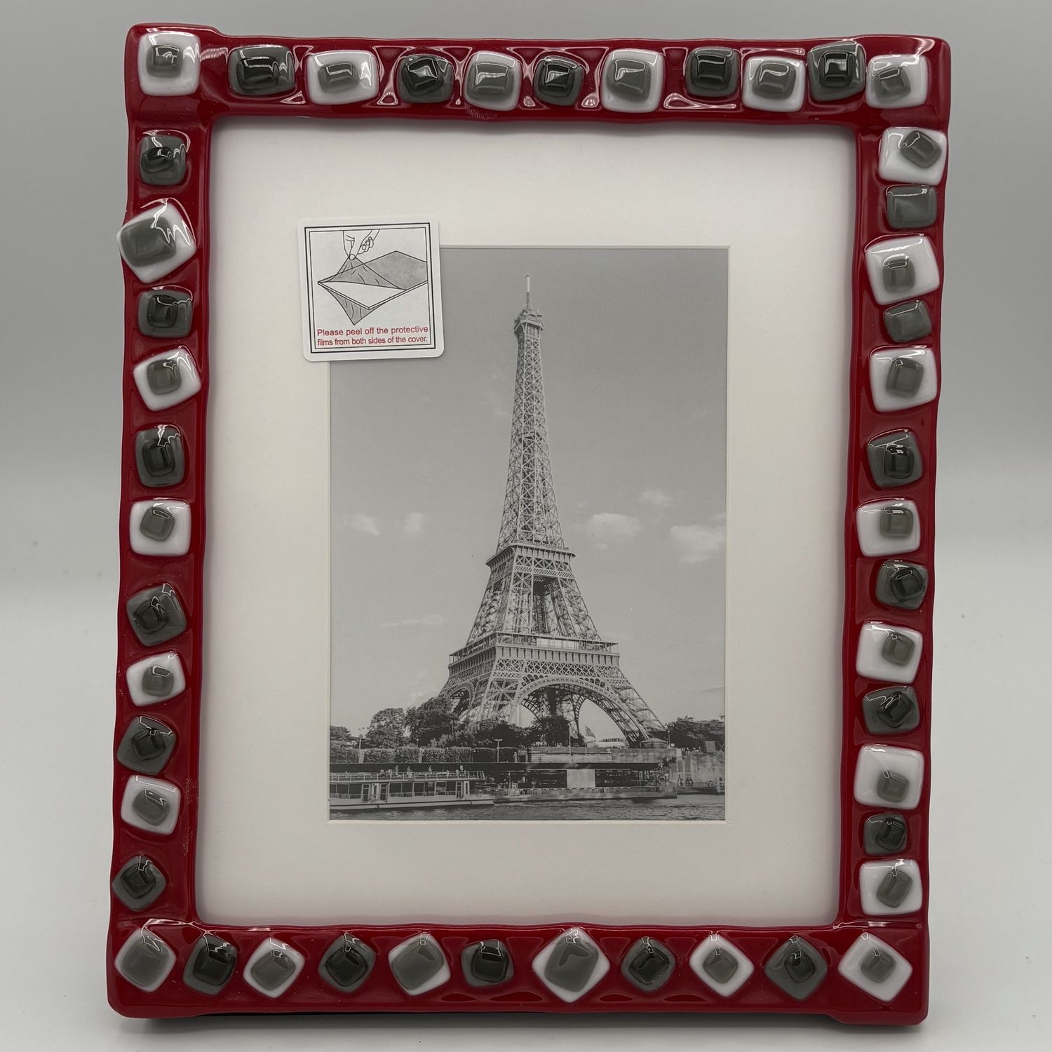 Lori Lefferts, Fused Glass Frame, Grey and White Shapes on Red