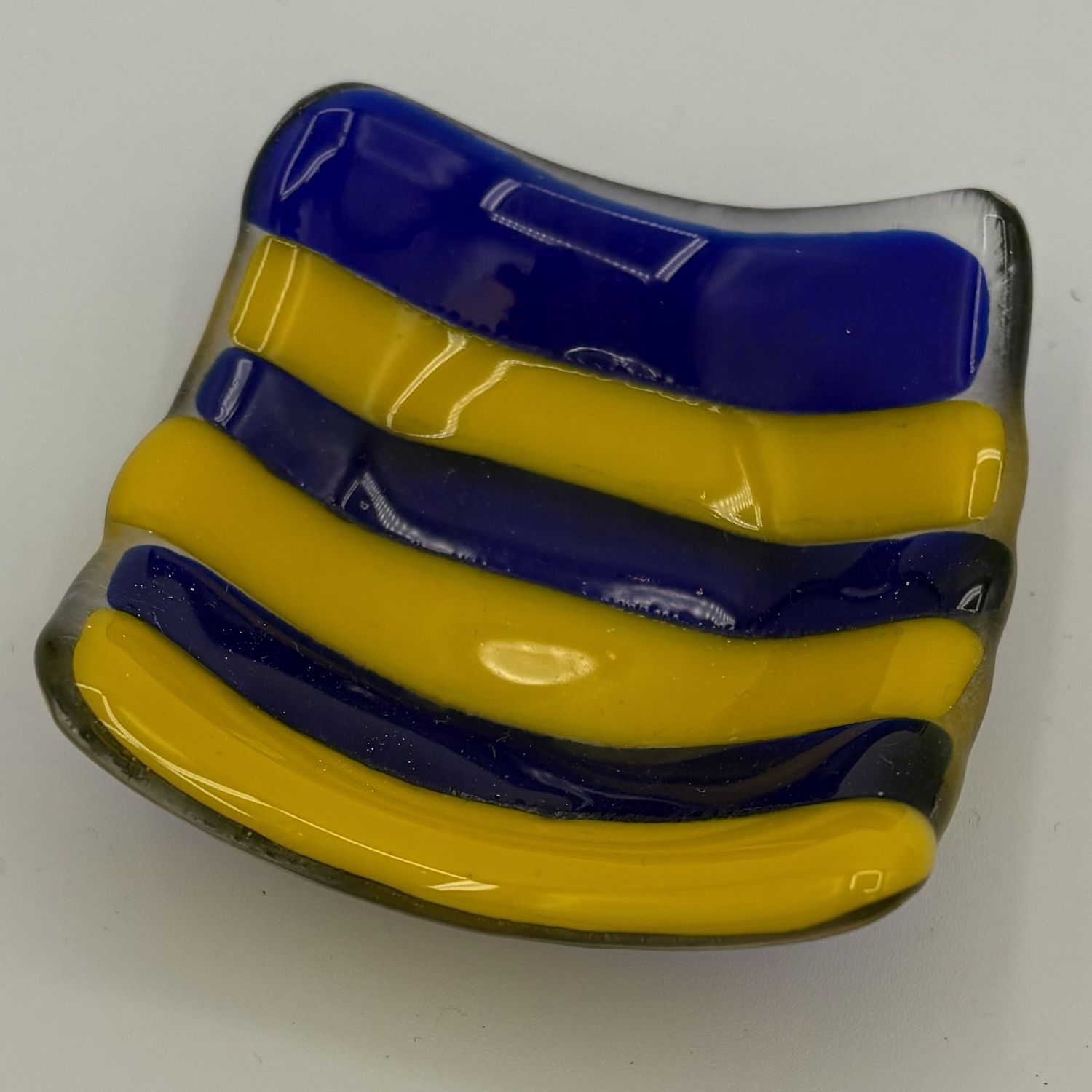 Mike Meehan, Fused Glass Ring Dish, Yellow and Blue Stripes