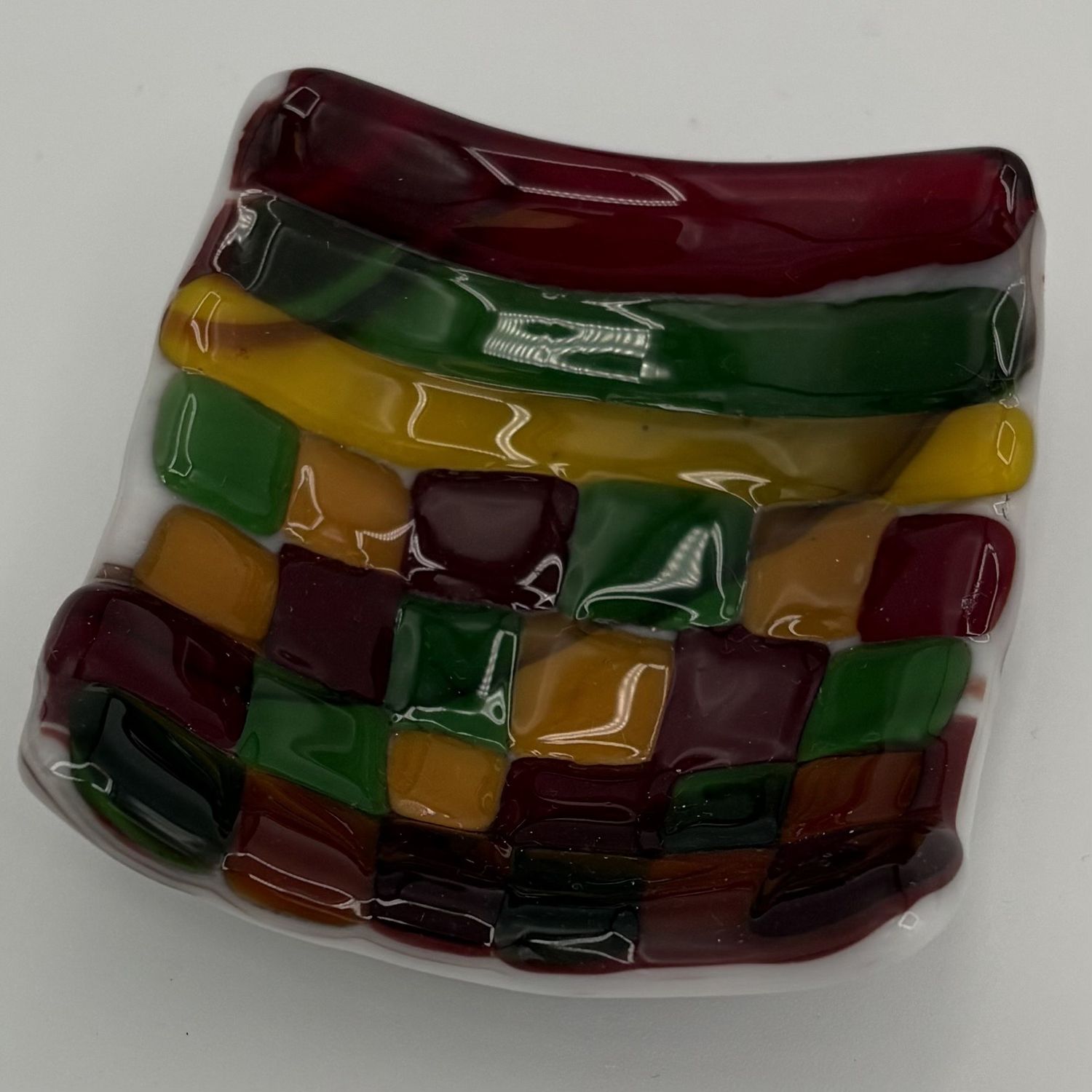 Alphonso Rowe, Fused Glass Ring Dish, Red, Yellow and Green Stripes and Squares