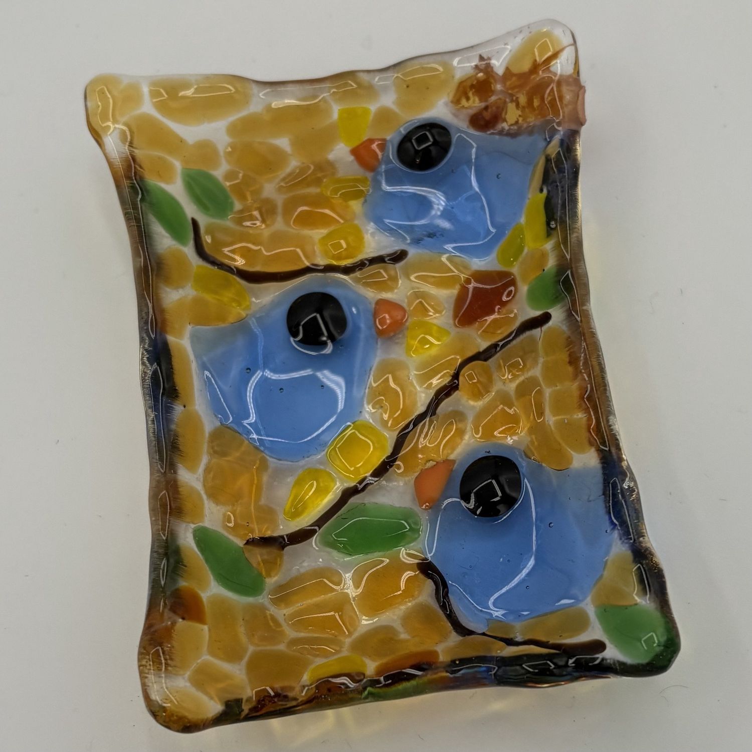 Kara Burgdorf, Fused Glass Soap Dish, Triplet Blue Birds