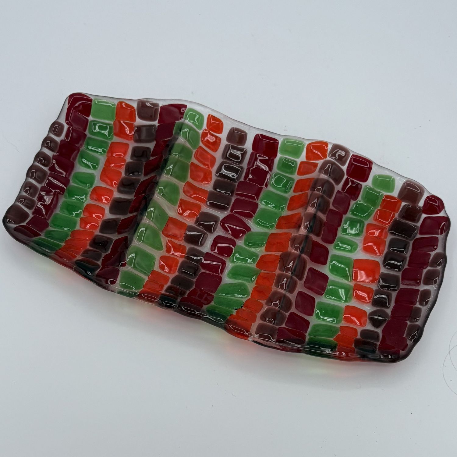 Meredith Bokeno, Fused Glass Dish, Colorful Tri-Section Squares