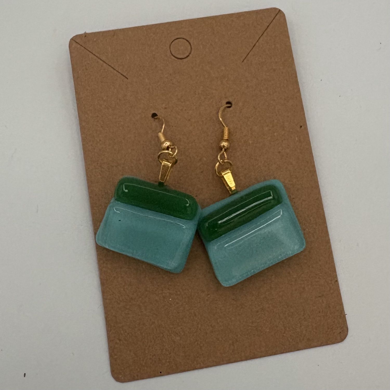 Alphonso Rowe, Fused Glass Earrings, Teal and Green Rectangles