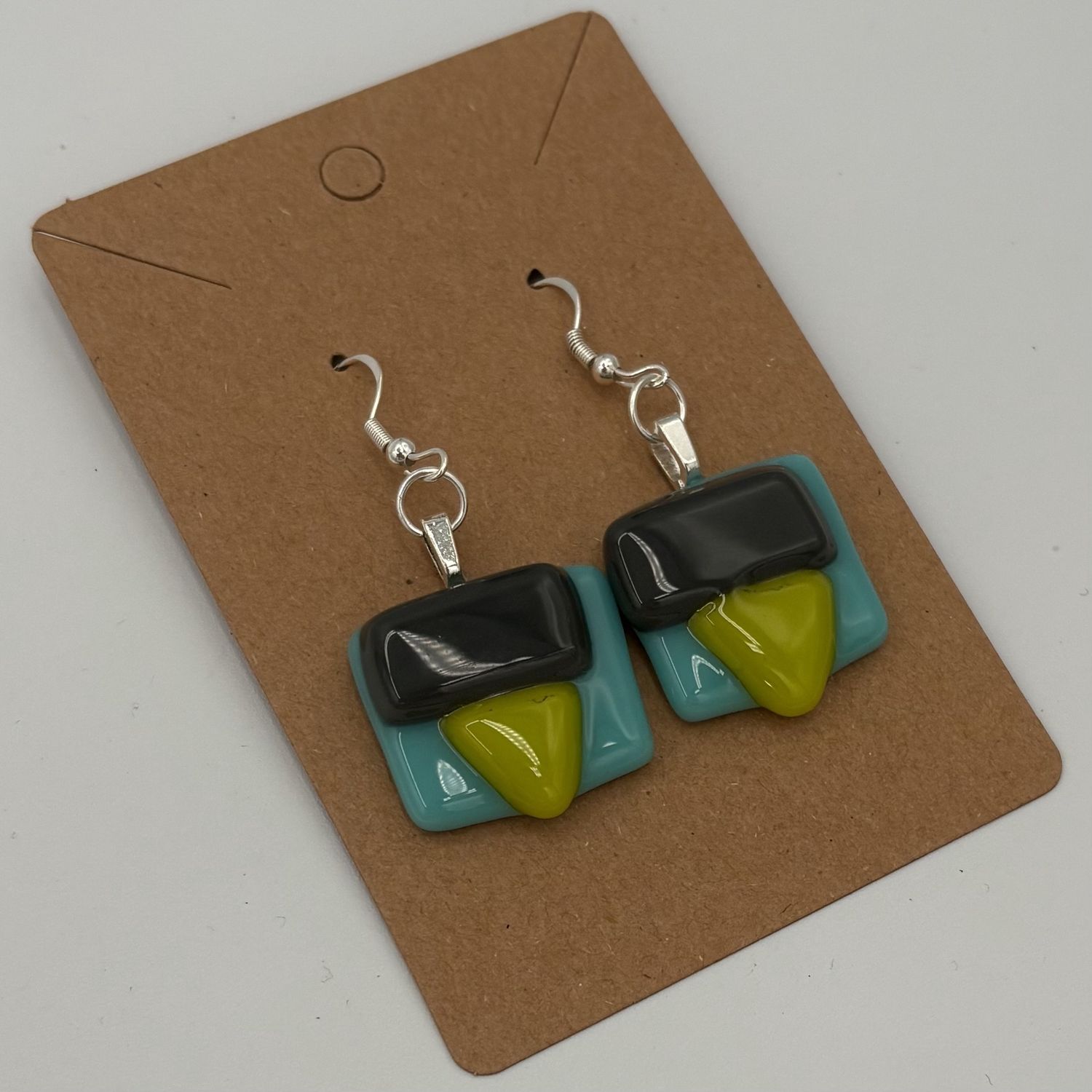 Alphonso Rowe, Fused Glass Earrings, Teal, Grey and Green Shapes