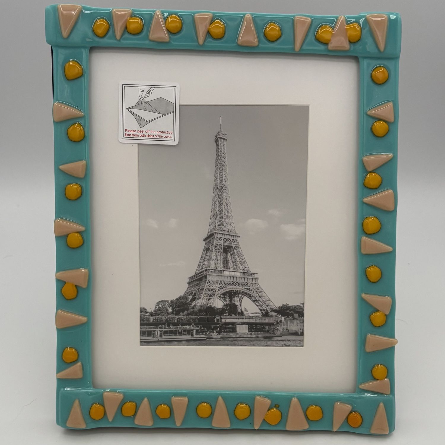Nathan Strother, Fused Glass Frame, Yellow and Pink Shapes on Teal