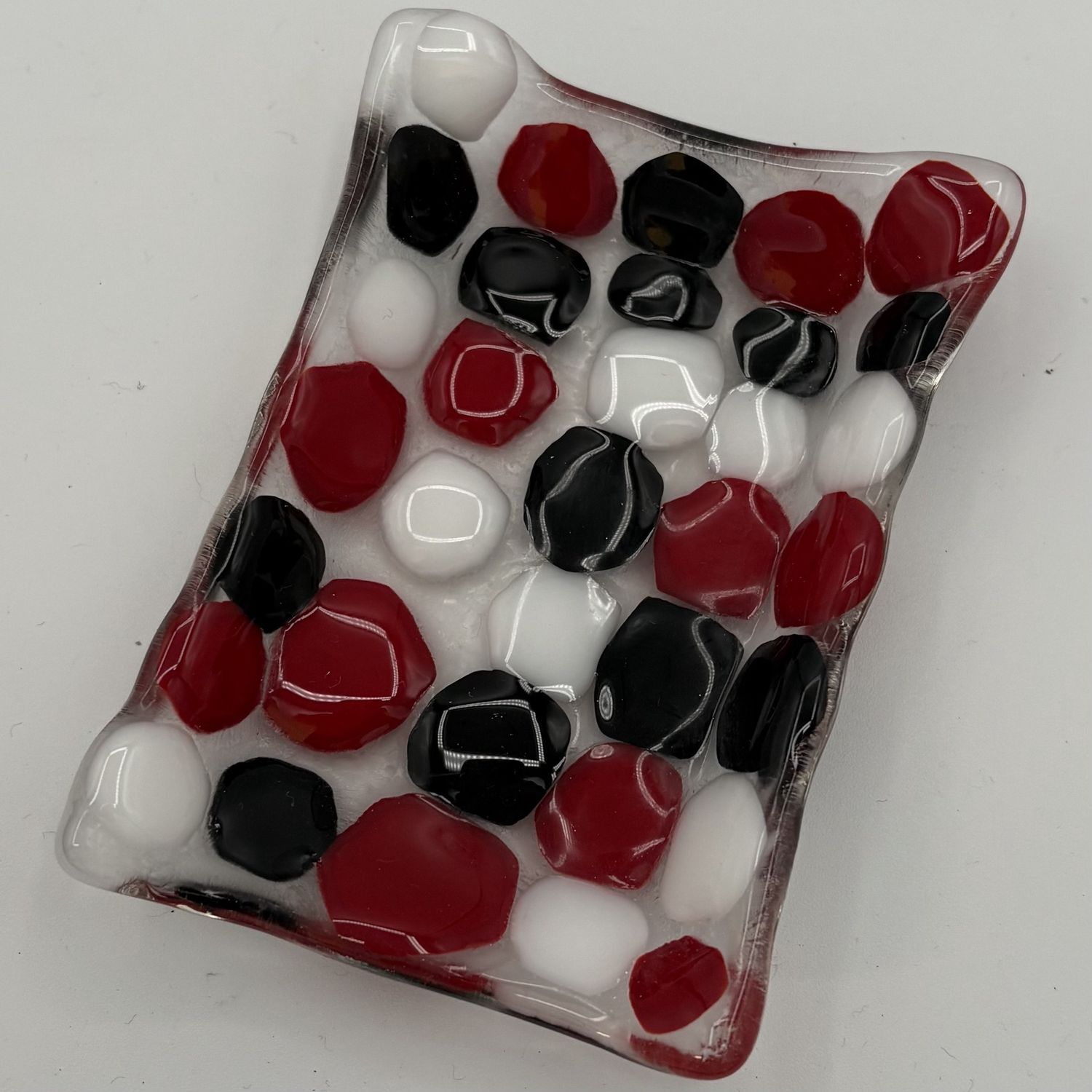 Kara Burgdorf, Fused Glass Soap Dish, Black, White and Red Circles