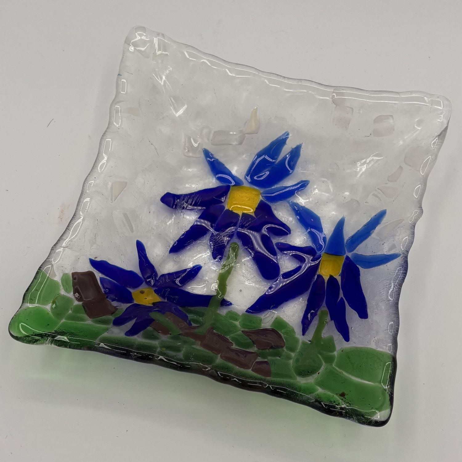 Alaina Weeks, Fused Glass Dish, Blue and Yellow Flowers