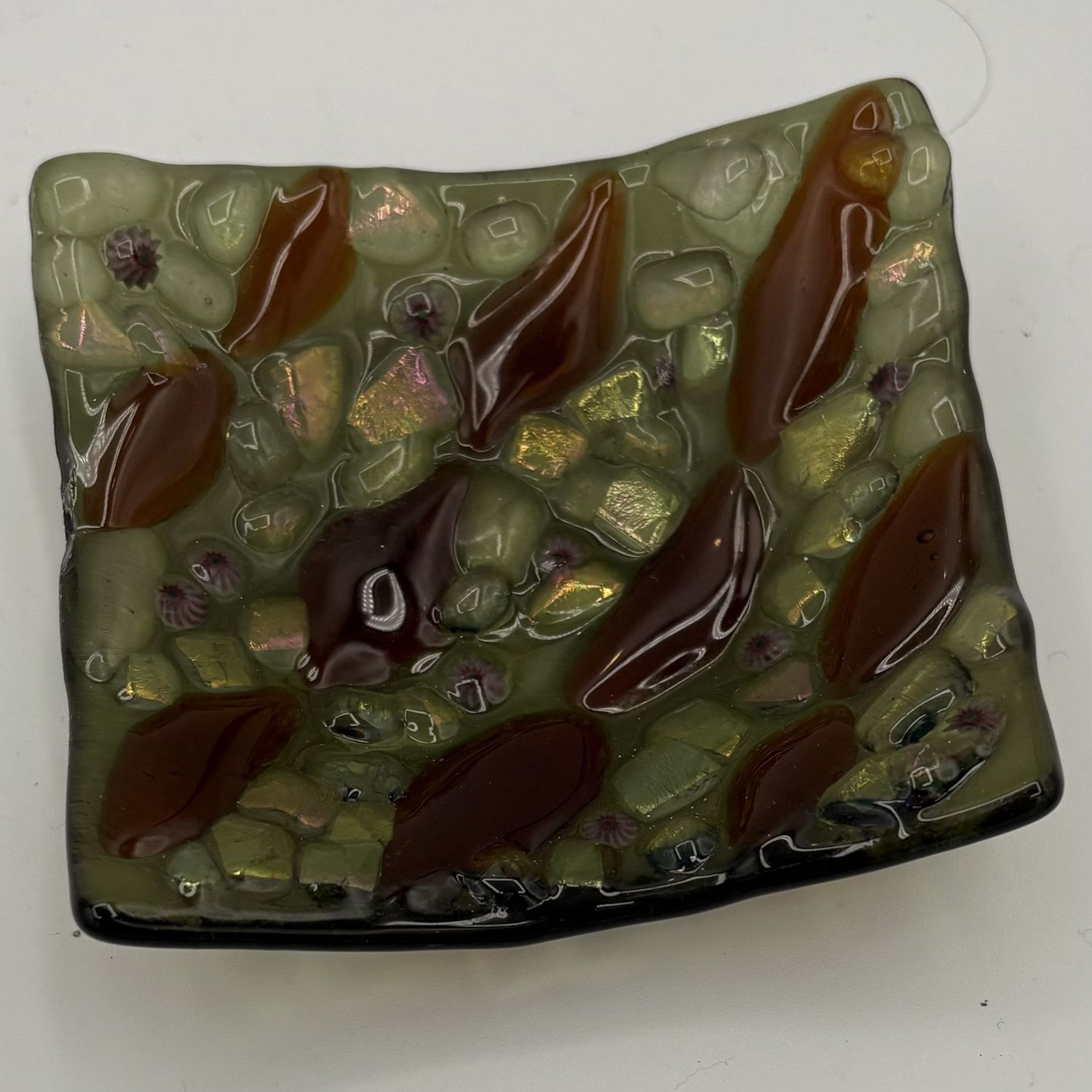 Jody Mann, Fused Glass Dish, Green and Brown Design
