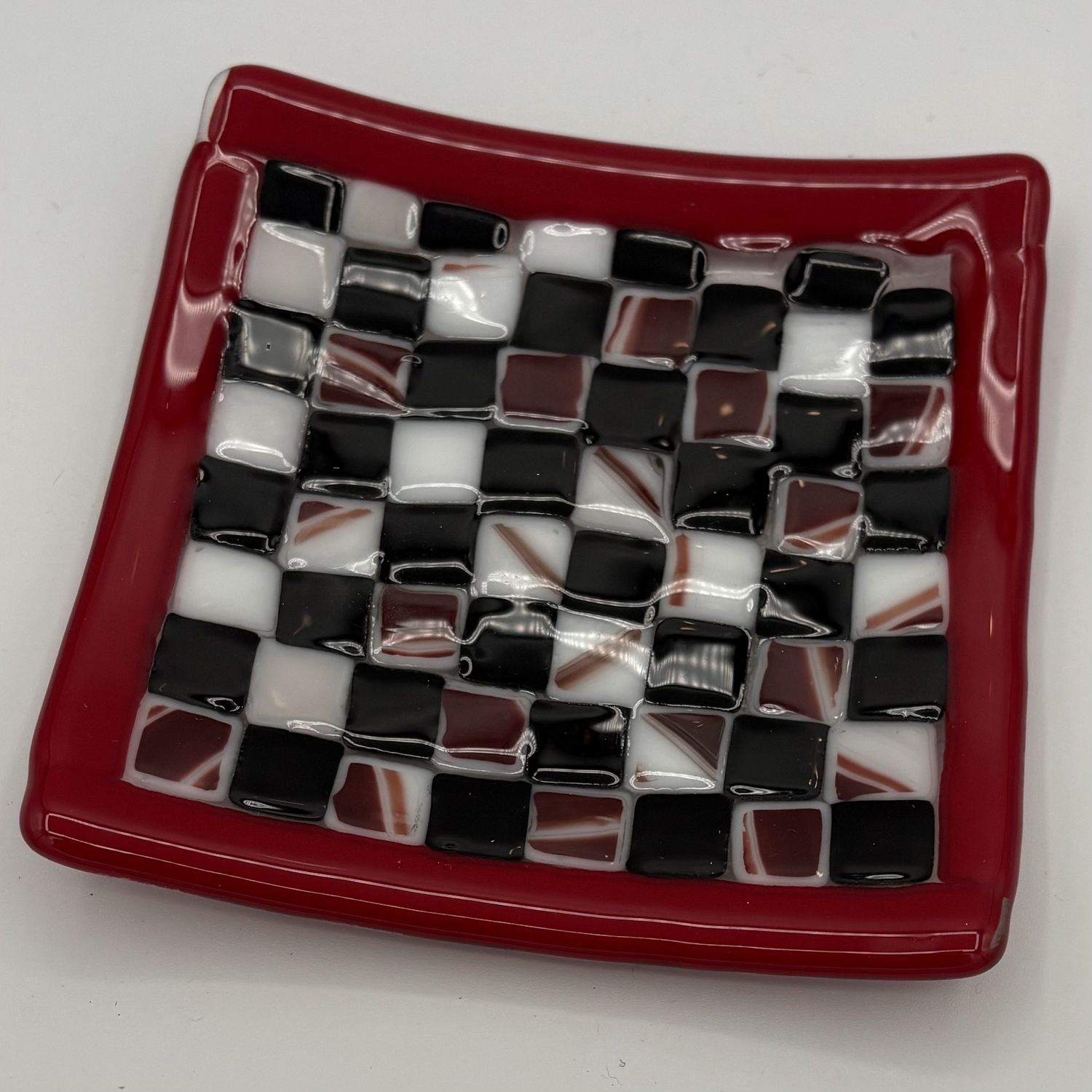 Andrea Walker, Fused Glass Dish, Red, Black and White Checkerboard