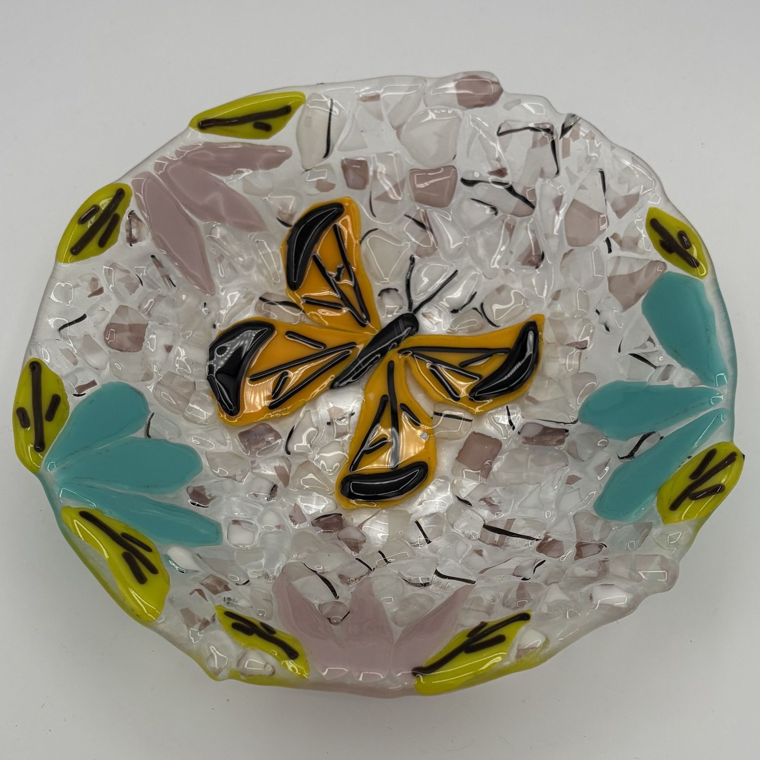Bobbie Jo Robinson, Fused Glass Bowl, Yellow Butterfly Surrounded by Flowers