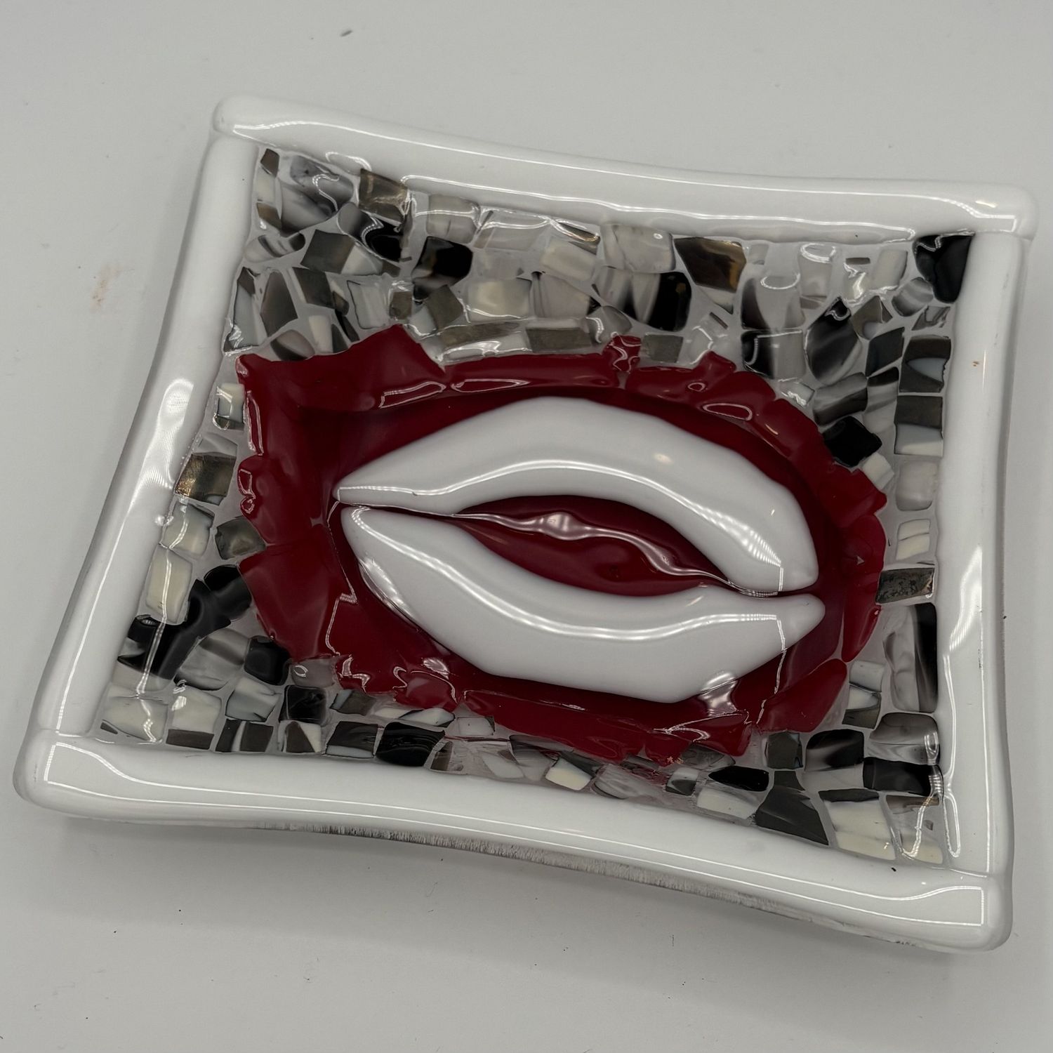 Gabby Adams-Hubbard, Fused Glass Dish, Red and White Baseball Team Logo