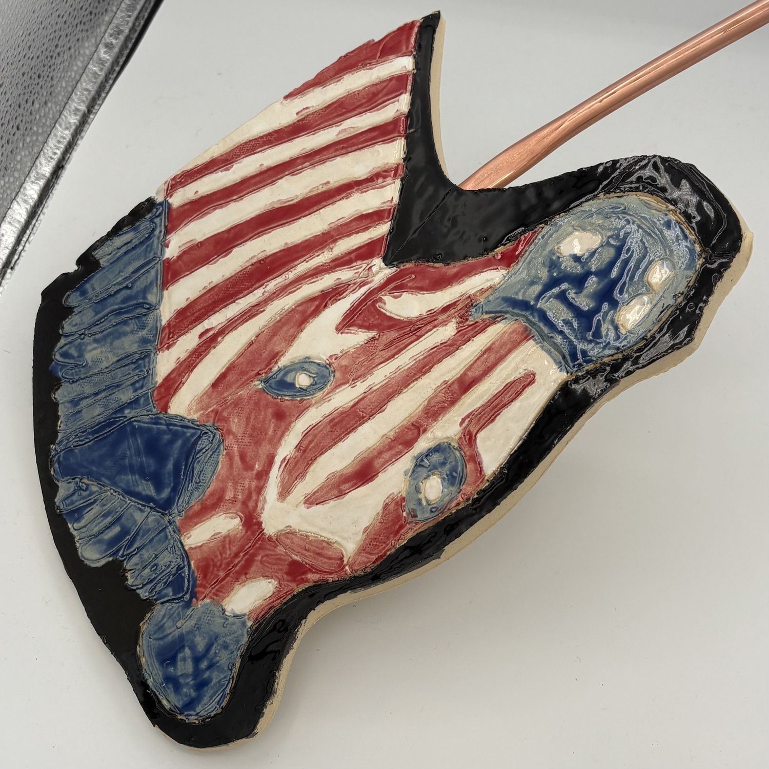 David Patrick, Ceramic Garden Stake, Red, White and Blue Zebra