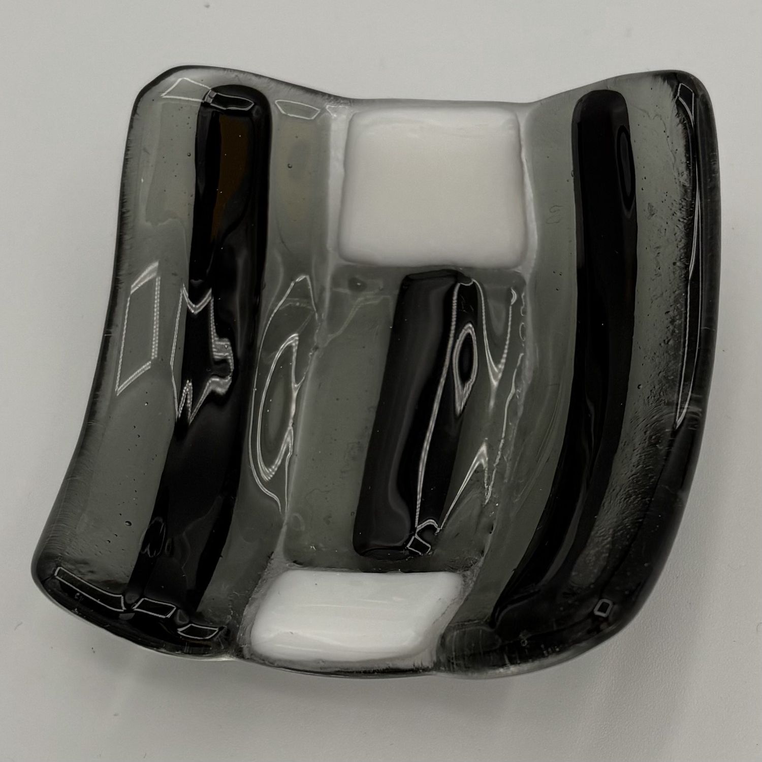 Steve Gall, Fused Glass Ring Dish, Black, White and Grey Shapes