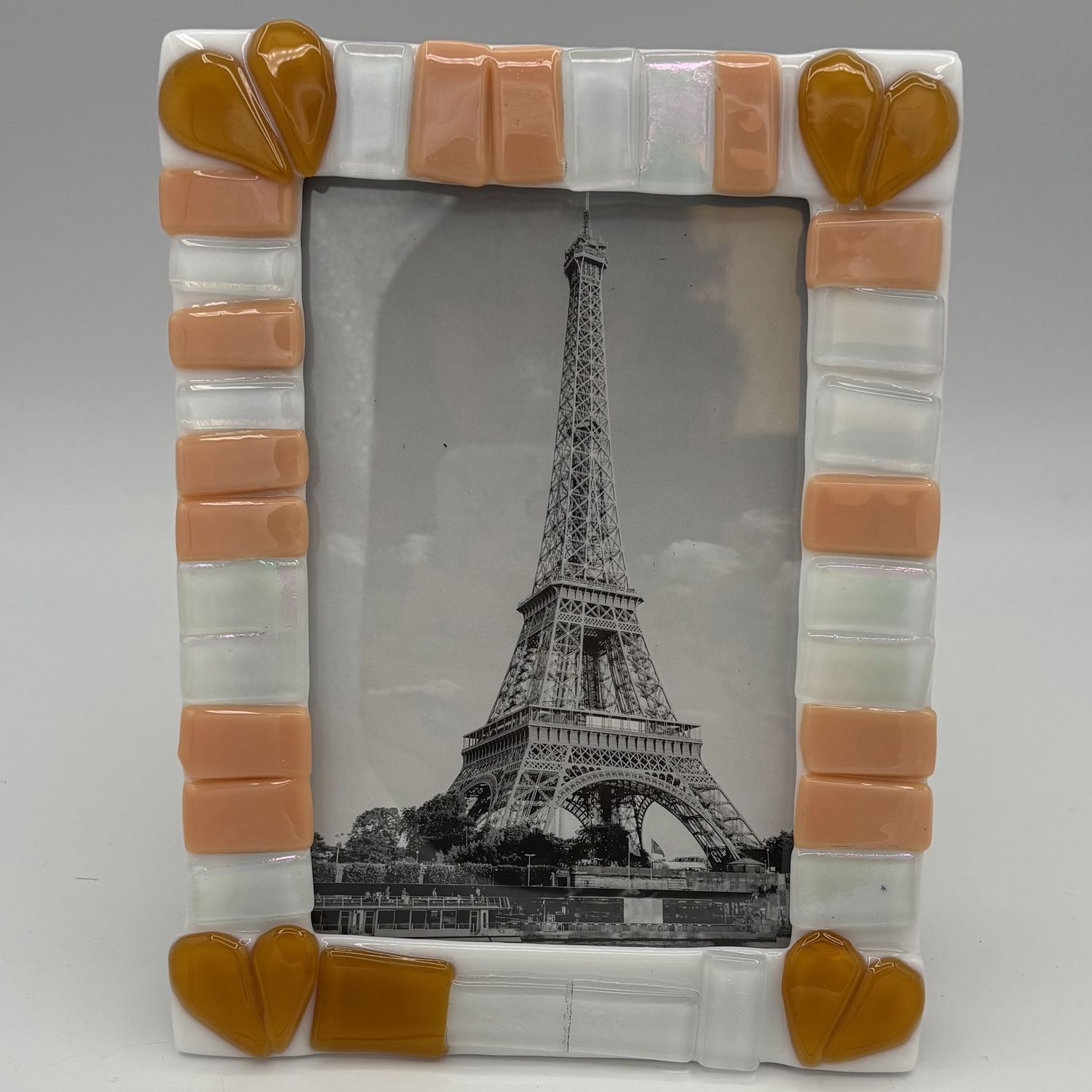 Elizabeth Hinkle, Fused Glass Frame, Pink, White and Orange Shapes