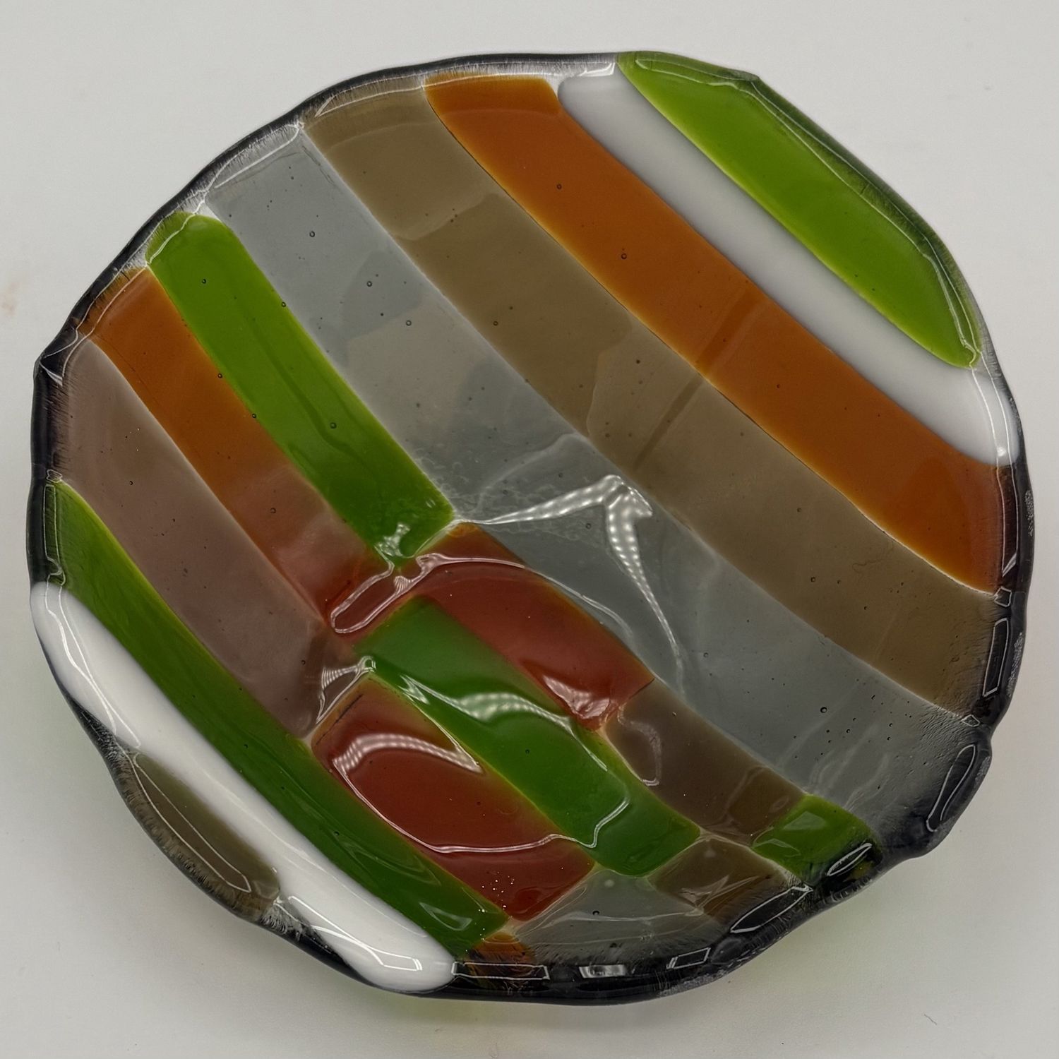 Alphonso Rowe, Fused Glass Dish, Green, Brown and Grey Stripes