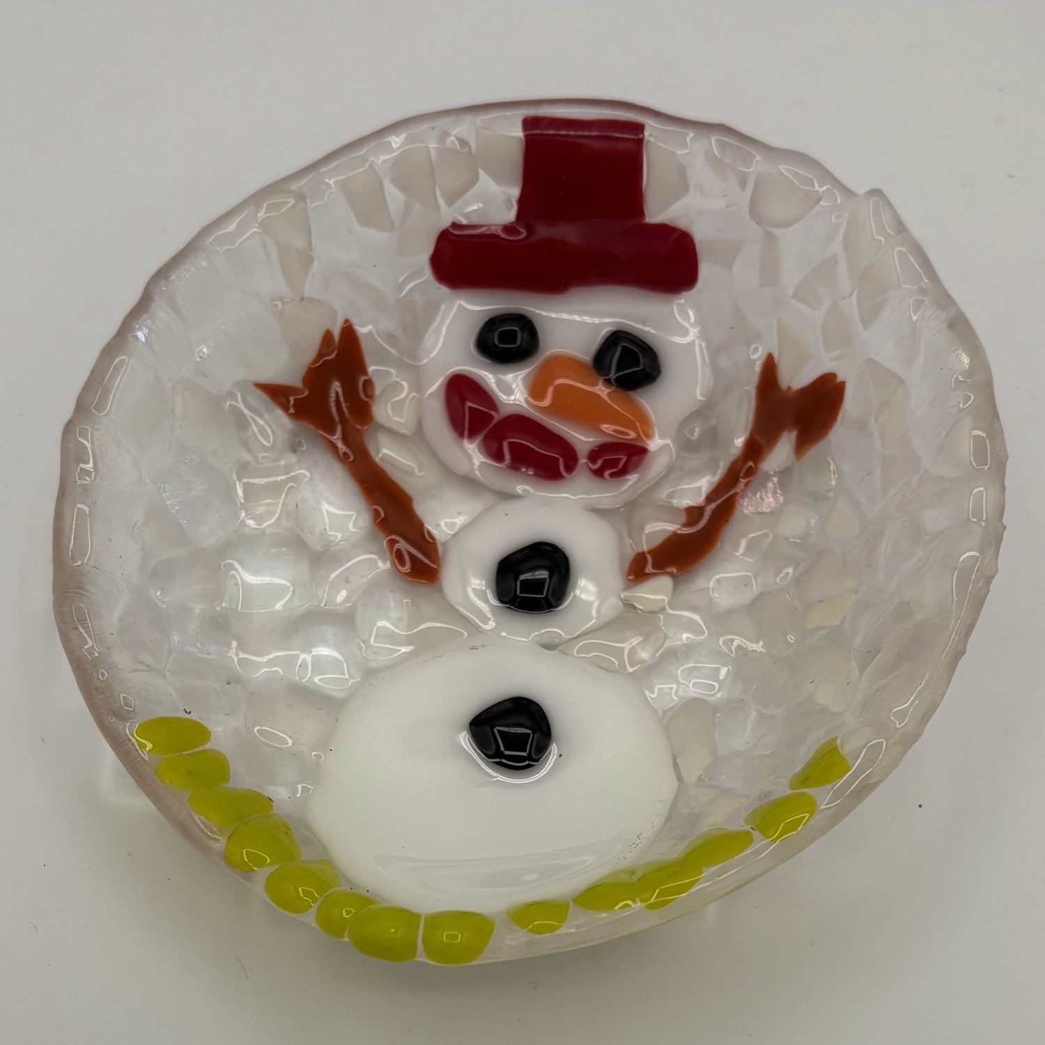 Melissa Powell, Fused Glass Dish, Happy Snowman