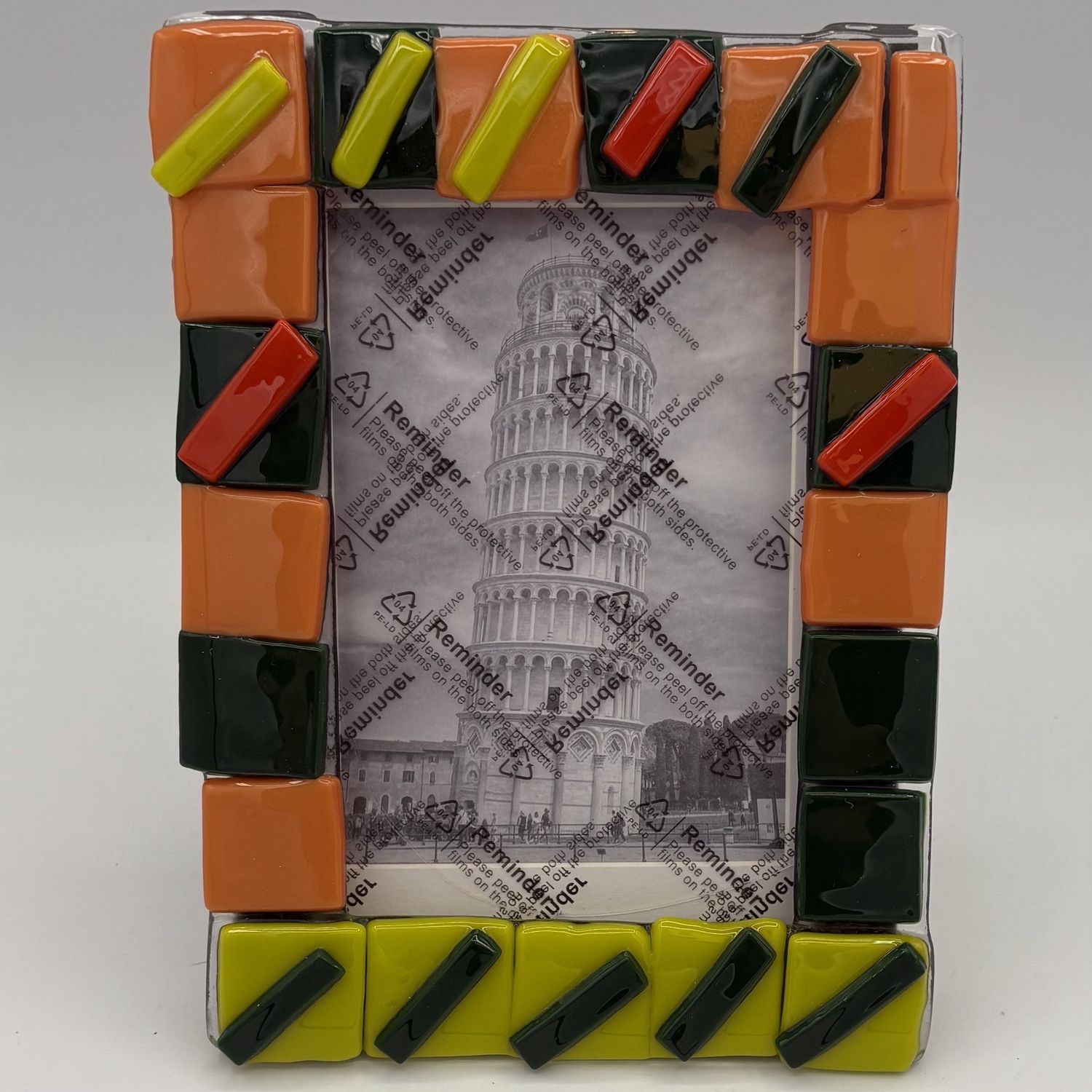 Jessica Bays, Fused Glass Frame, Orange and Green Shapes