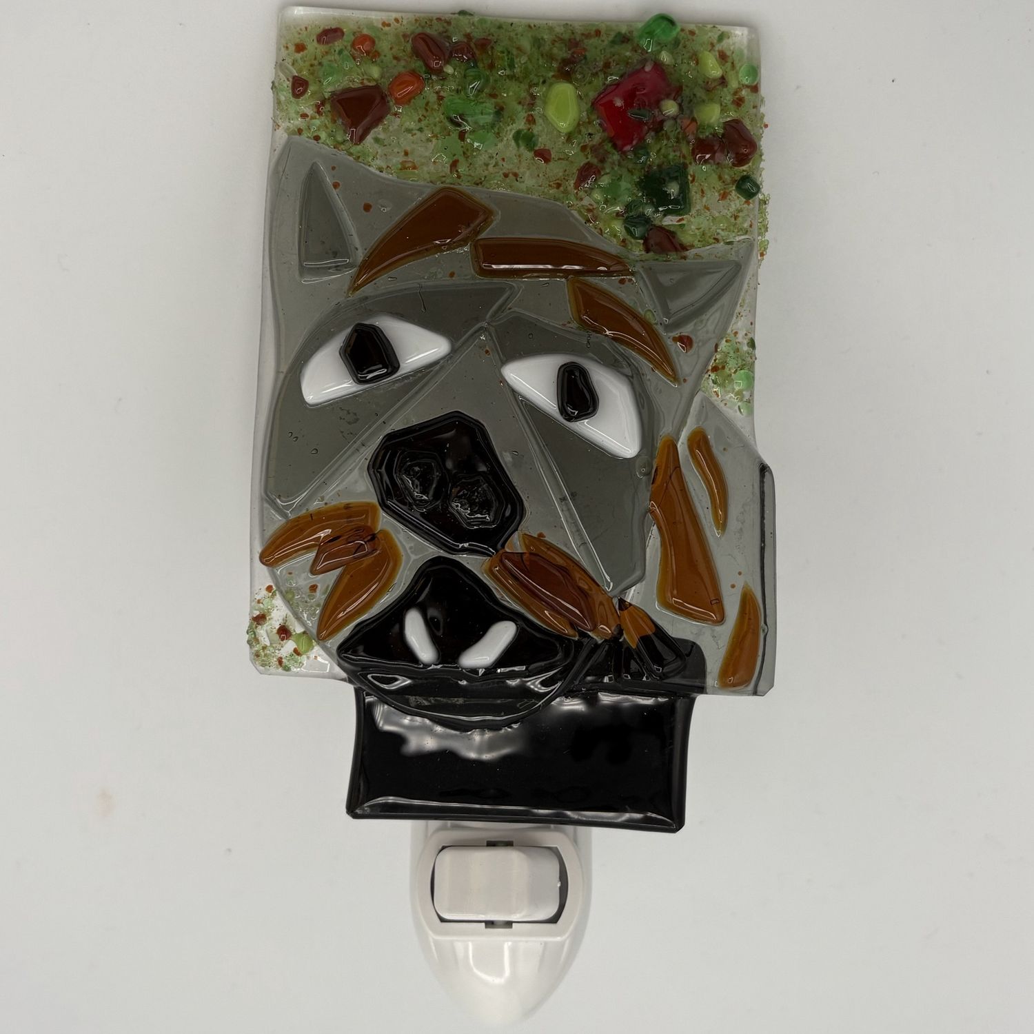 Mike Meehan, Fused Glass Nightlight, Grey and Brown Wolf