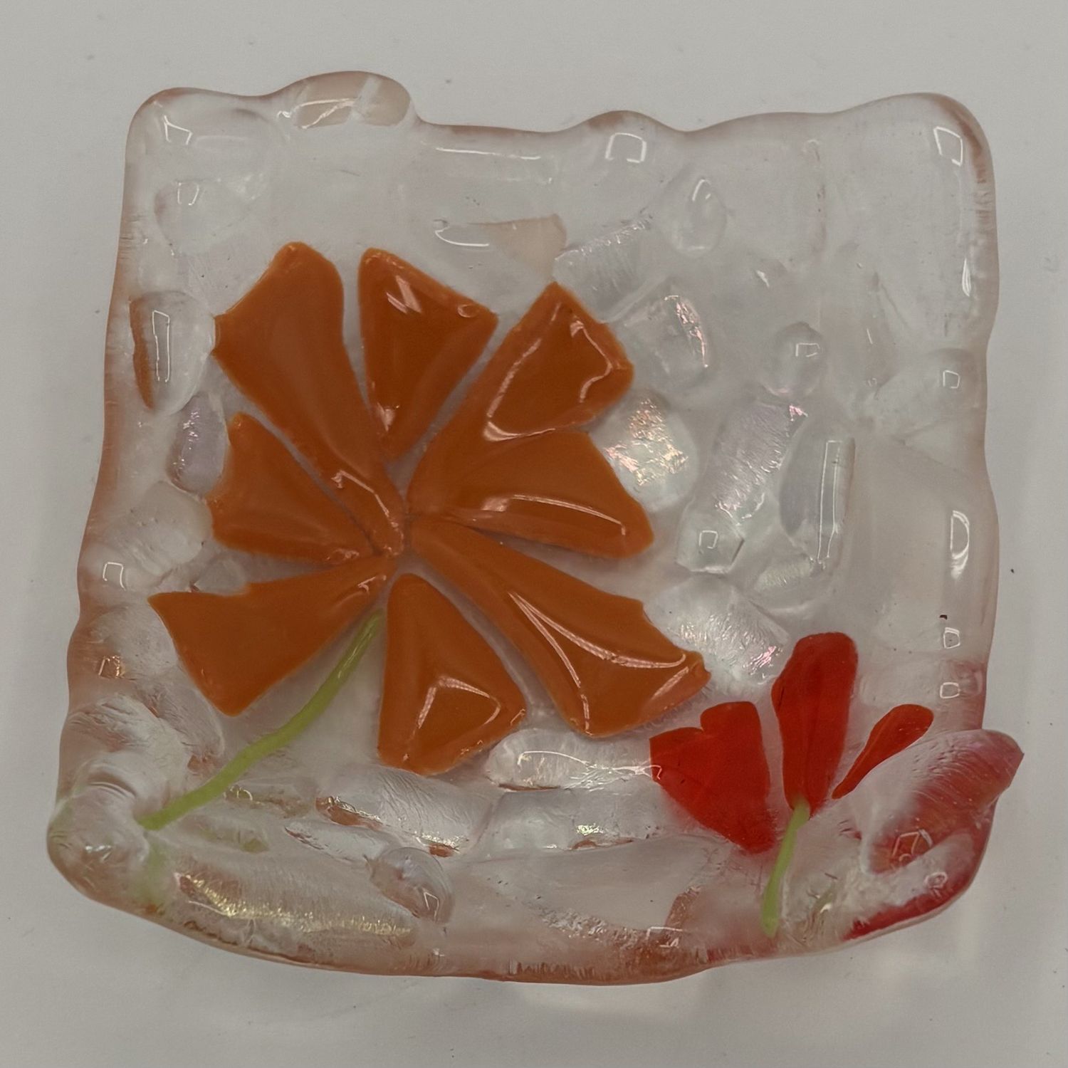 Annie Baxter, Fused Glass Ring Dish, Orange Flowers