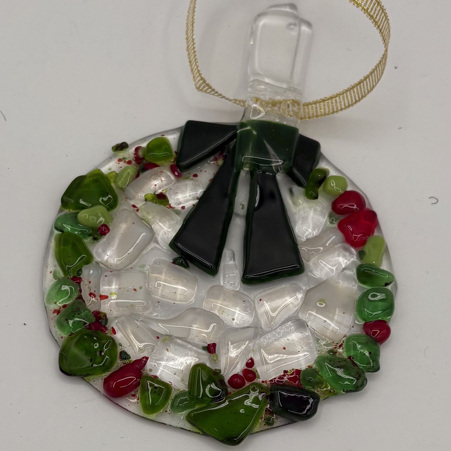 Annie Baxter, Fused Glass Ornament, Red and Green Wreath