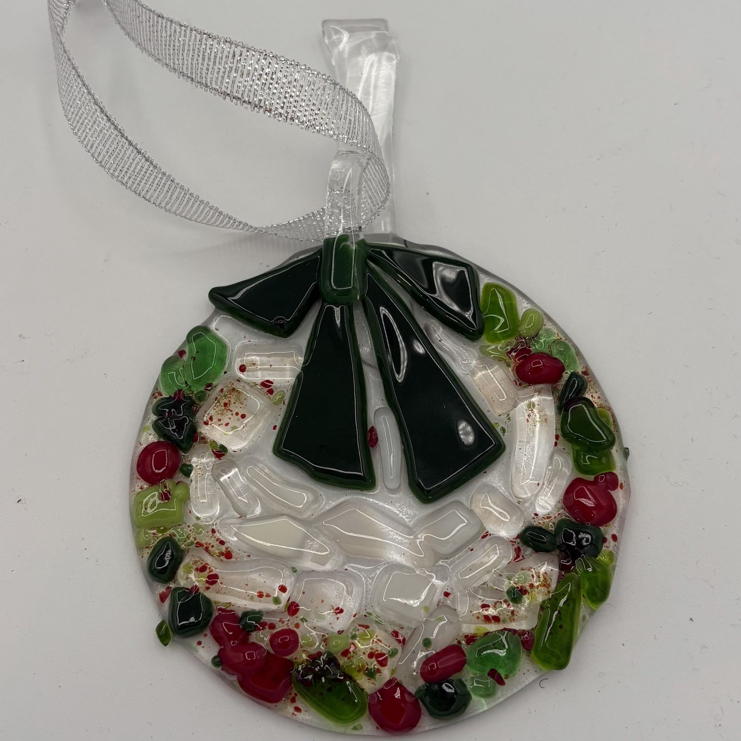 Austin Schneider, Fused Glass Ornament, Red and Green Wreath 1