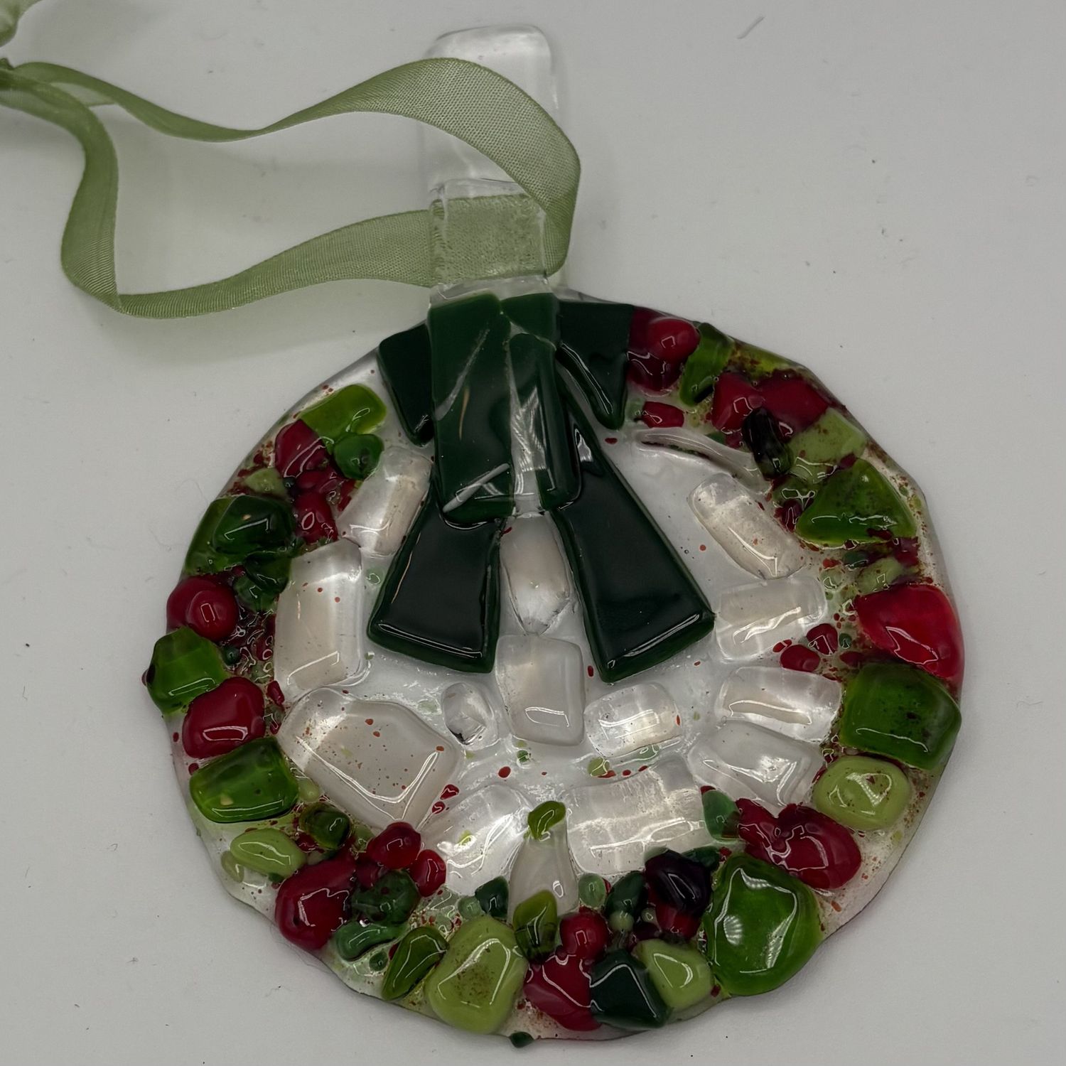 Erica Hasler, Fused Glass Ornament, Green Wreath 2