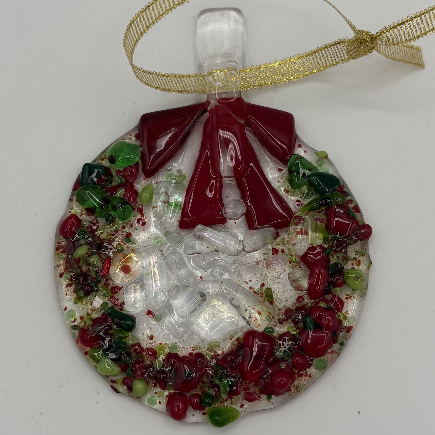 Austin Schneider, Fused Glass Ornament, Red and Green Wreath 2