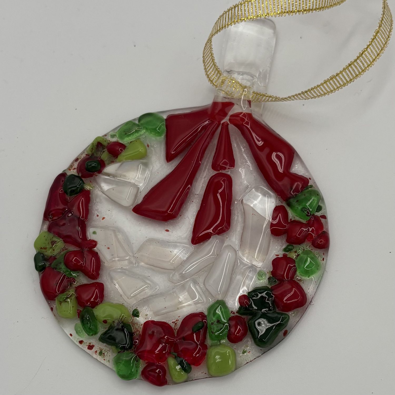 Duane Sparks, Fused Glass Ornament, Red and Green Wreath
