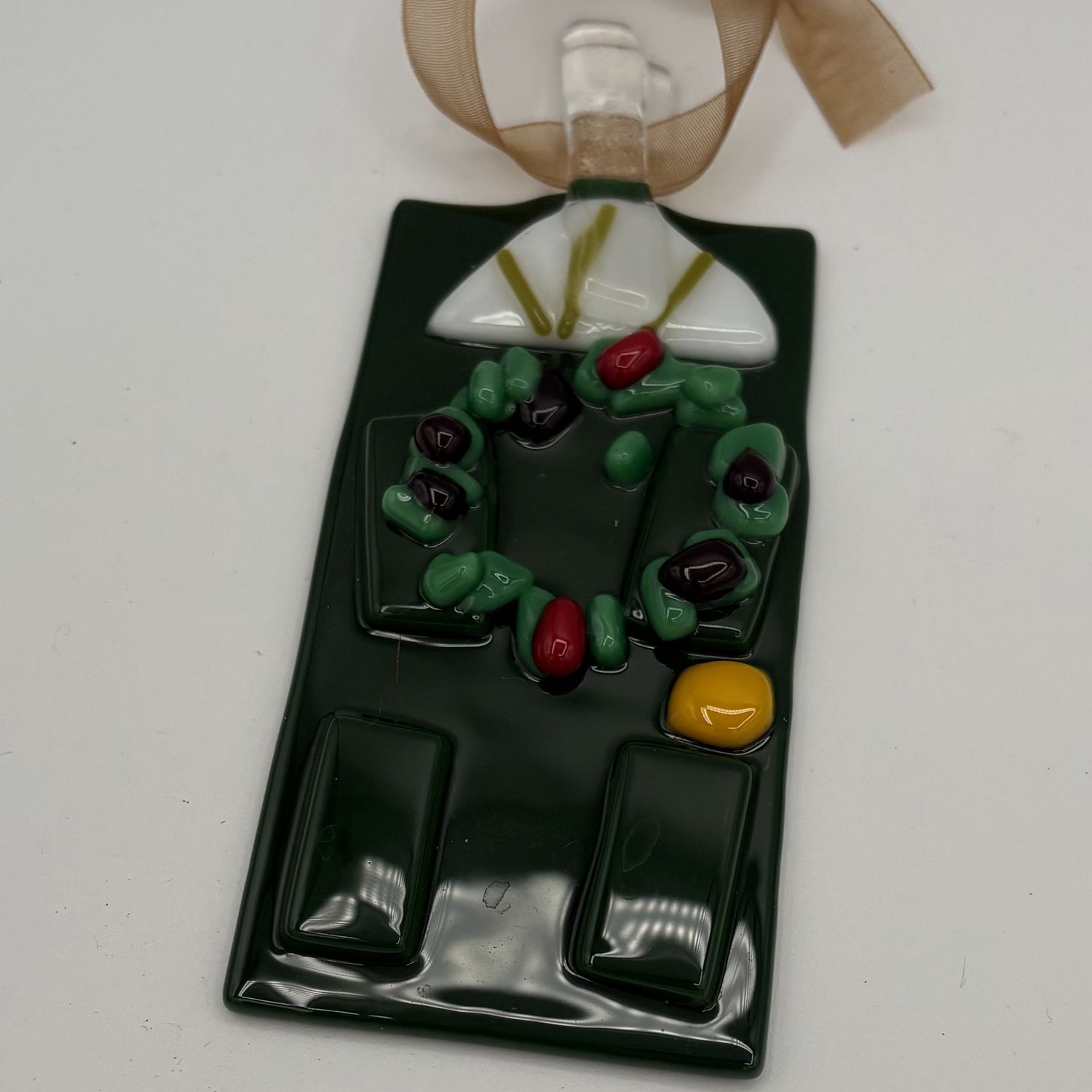 Saul Ray, Fused Glass Ornament, Festive Green Door