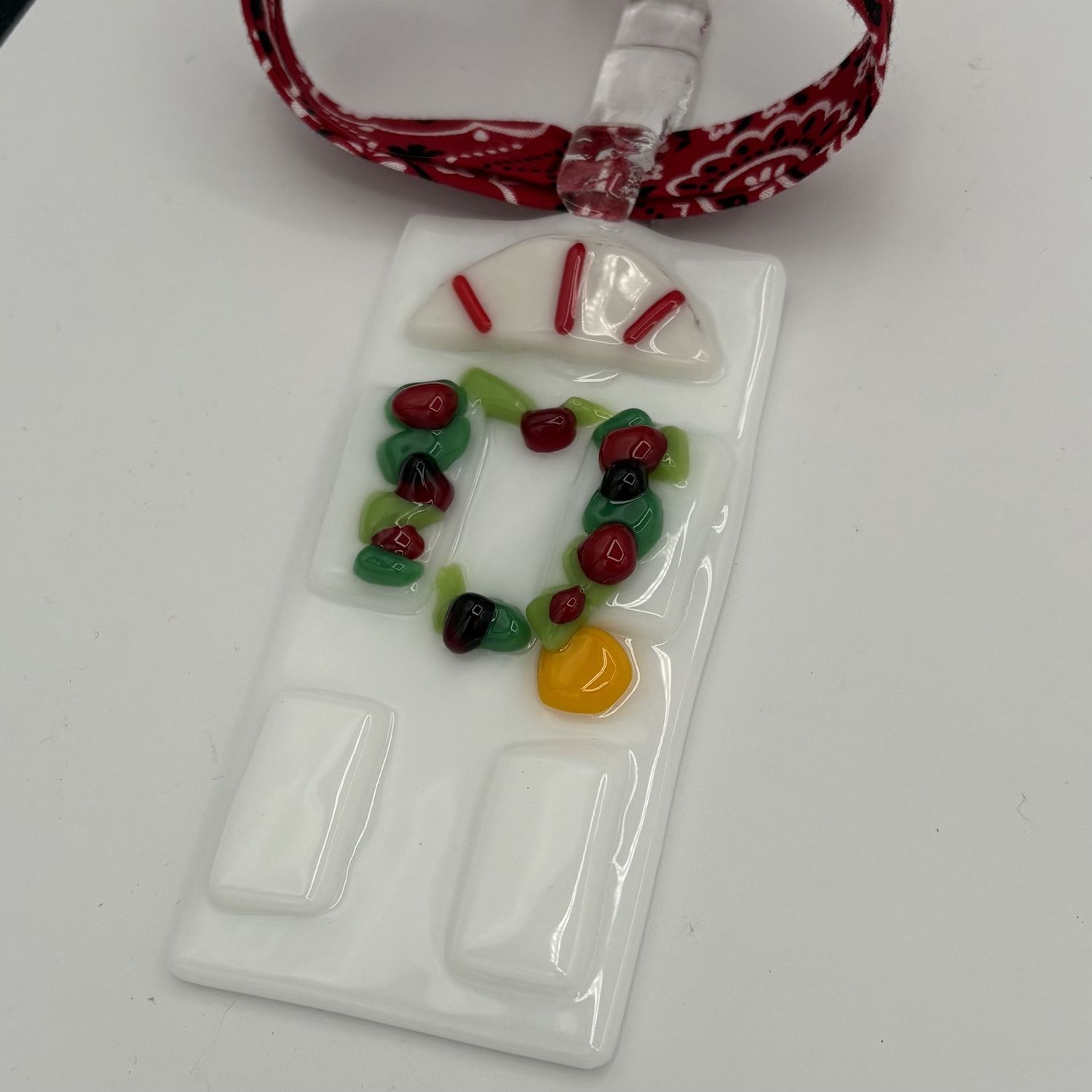 Andrea Walker, Fused Glass Ornament, Festive White Door