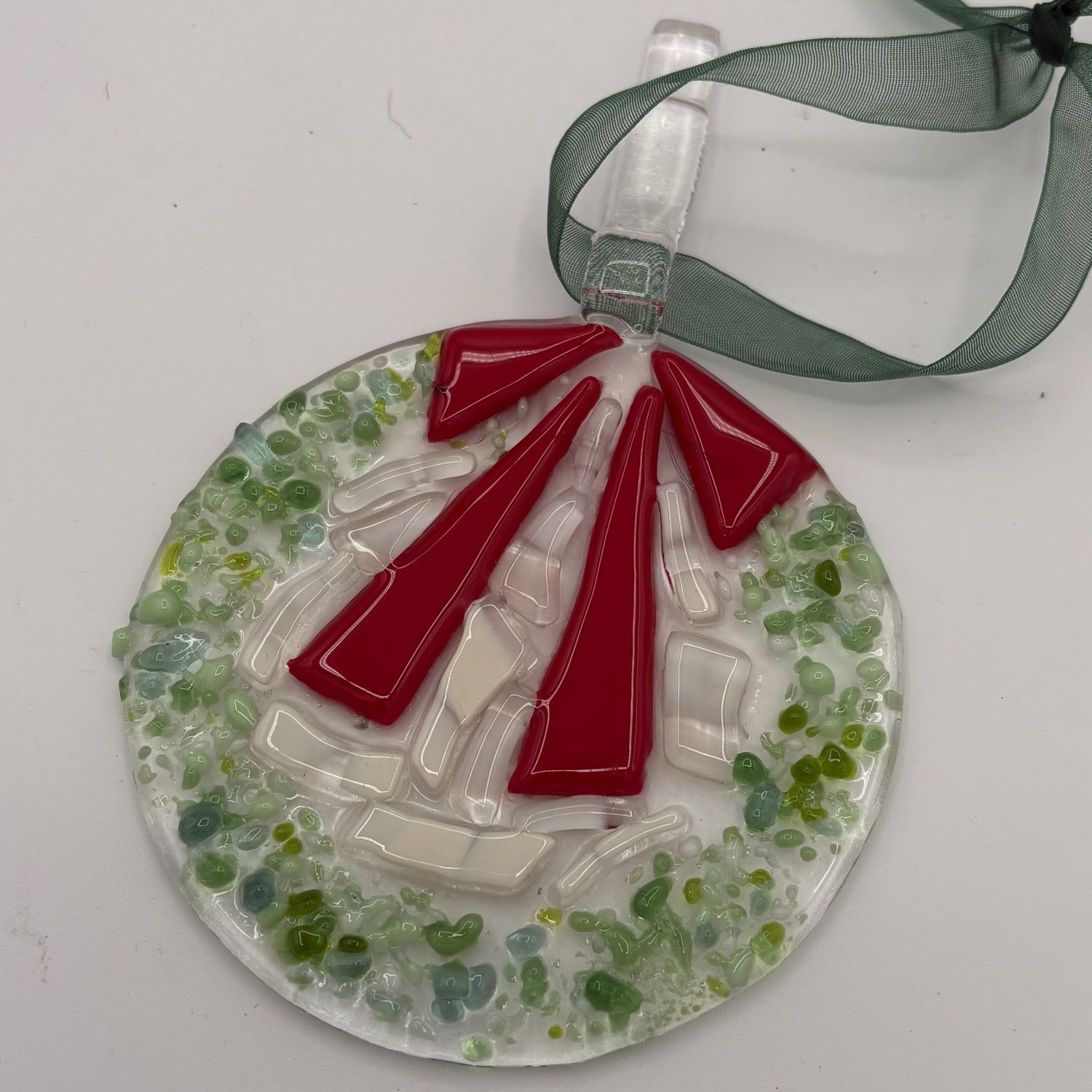 Erin Williams, Fused Glass Ornament, Red and Green Wreath 3