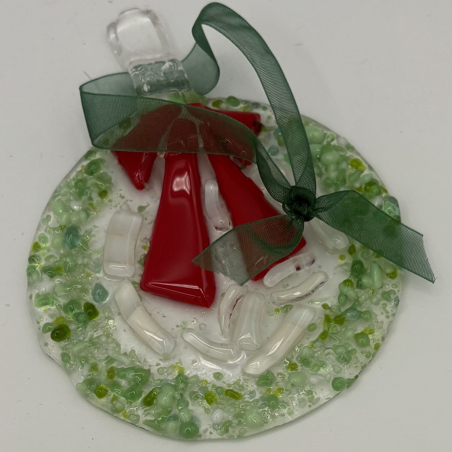 Erin Williams, Fused Glass Ornament, Red and Green Wreath 1