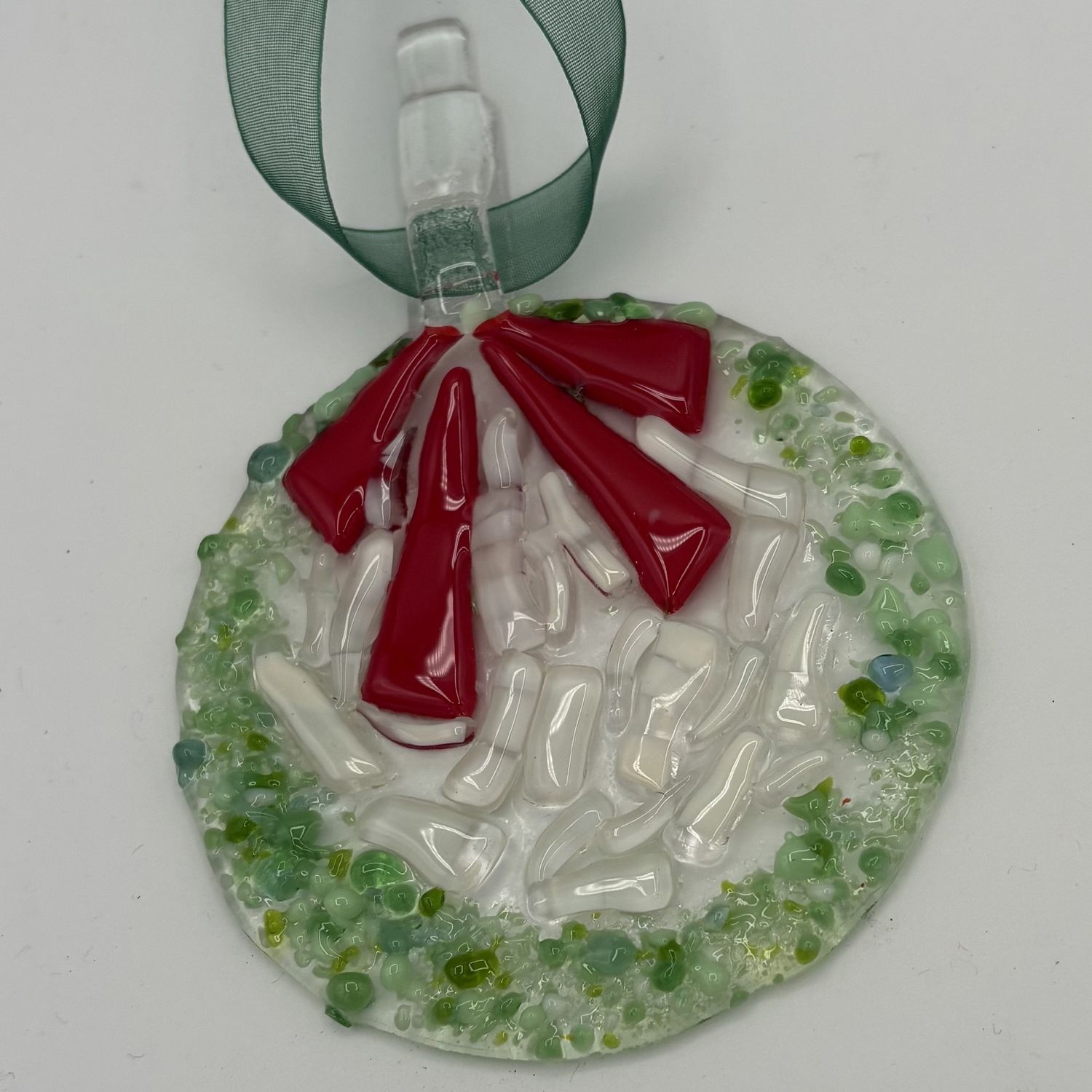 Erin Williams, Fused Glass Ornament, Red and Green Wreath 2