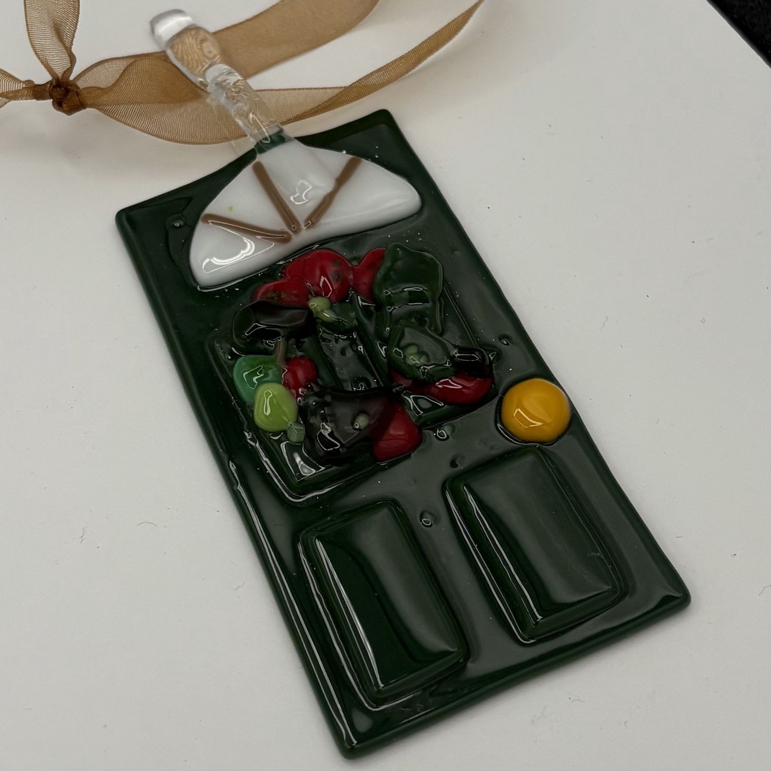 Sarah Brown, Fused Glass Ornament, Dark Green Festive Door 1