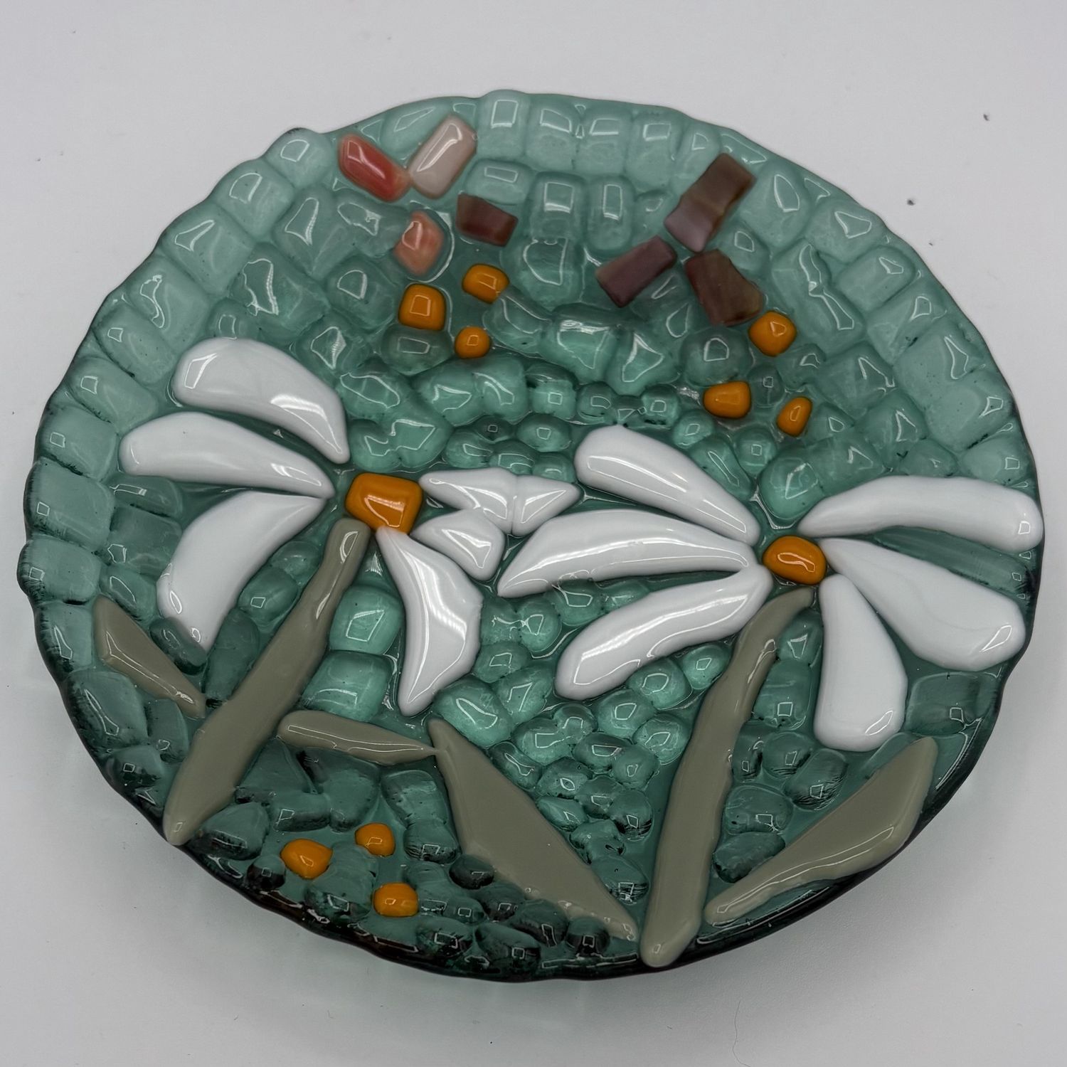Rebecca Zareski, Fused Glass Bowl, White Flowers