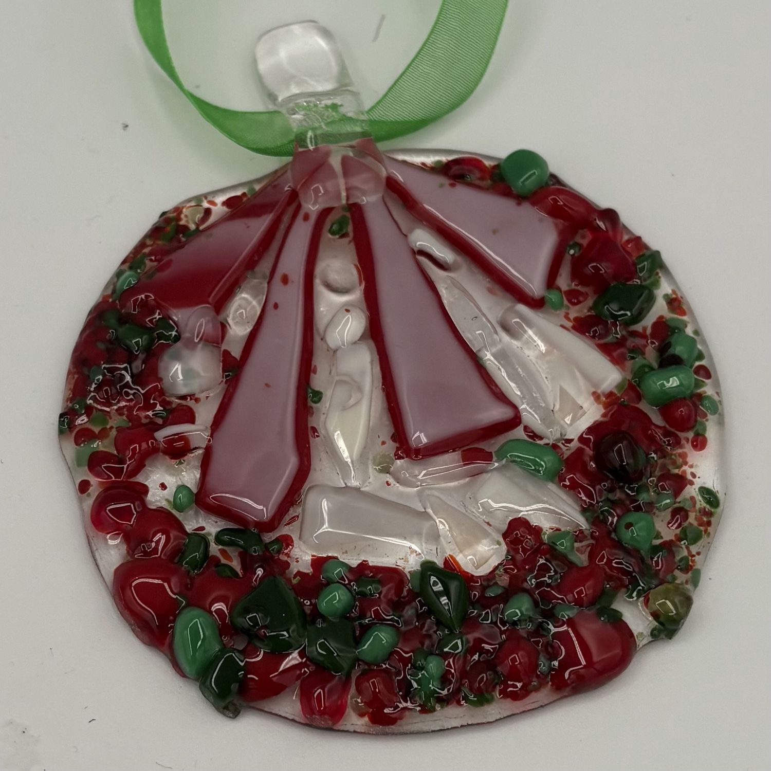 Mike Meehan, Fused Glass Ornament, Red and Green Wreath