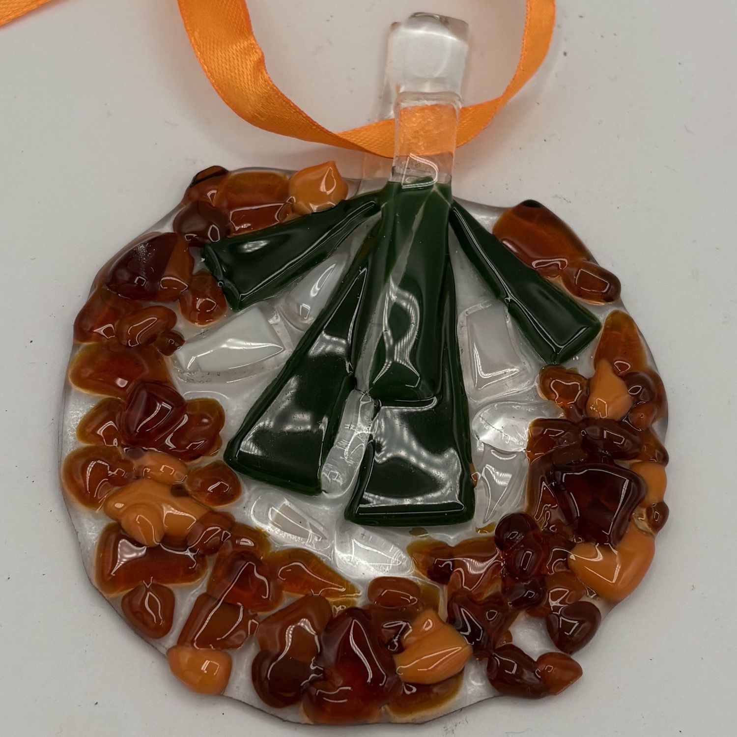 Jackson Scudder, Fused Glass Ornament, Orange and Green Wreath