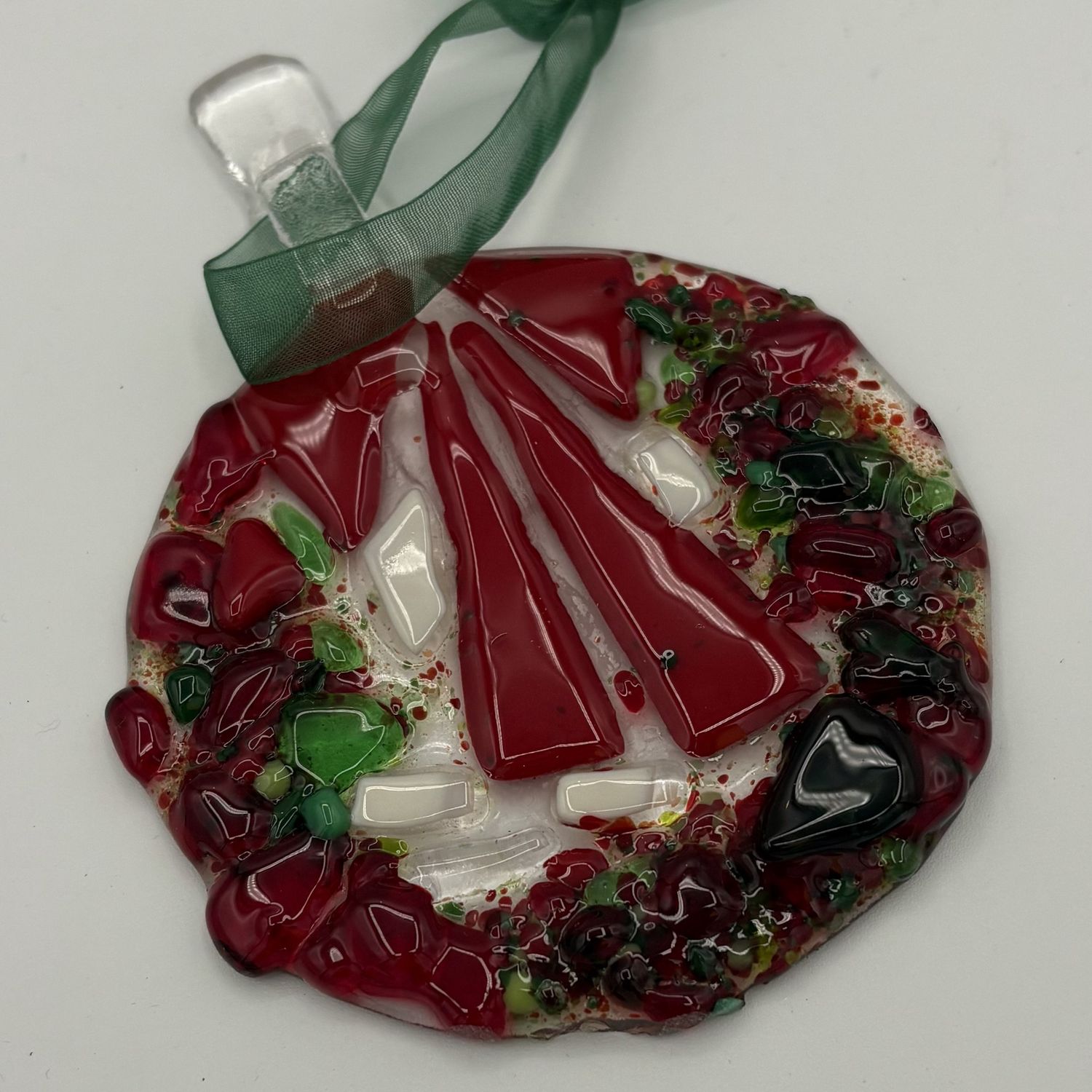 Erin Betz, Fused Glass Ornament, Red and Green Wreath 2