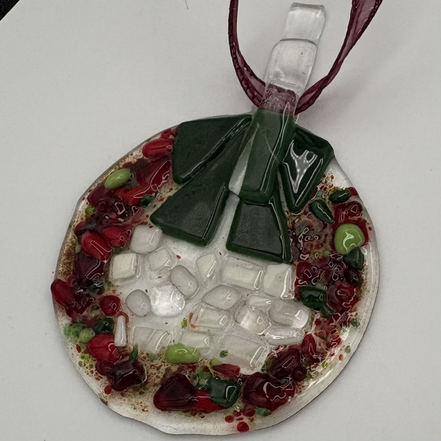 Andrea Walker, Fused Glass Ornament, Colorful Festive Wreath with Green Bow
