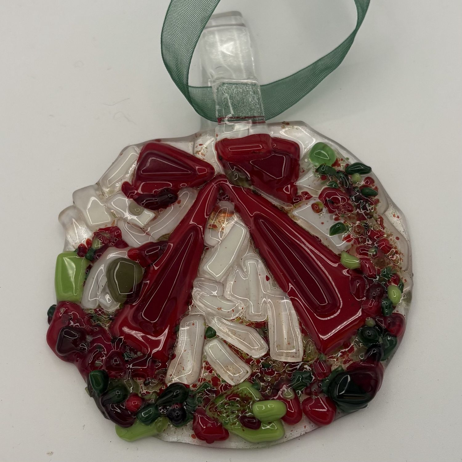 Annie Baxter, Fused Glass Ornament, Colorful Festive Wreath with Red Bow