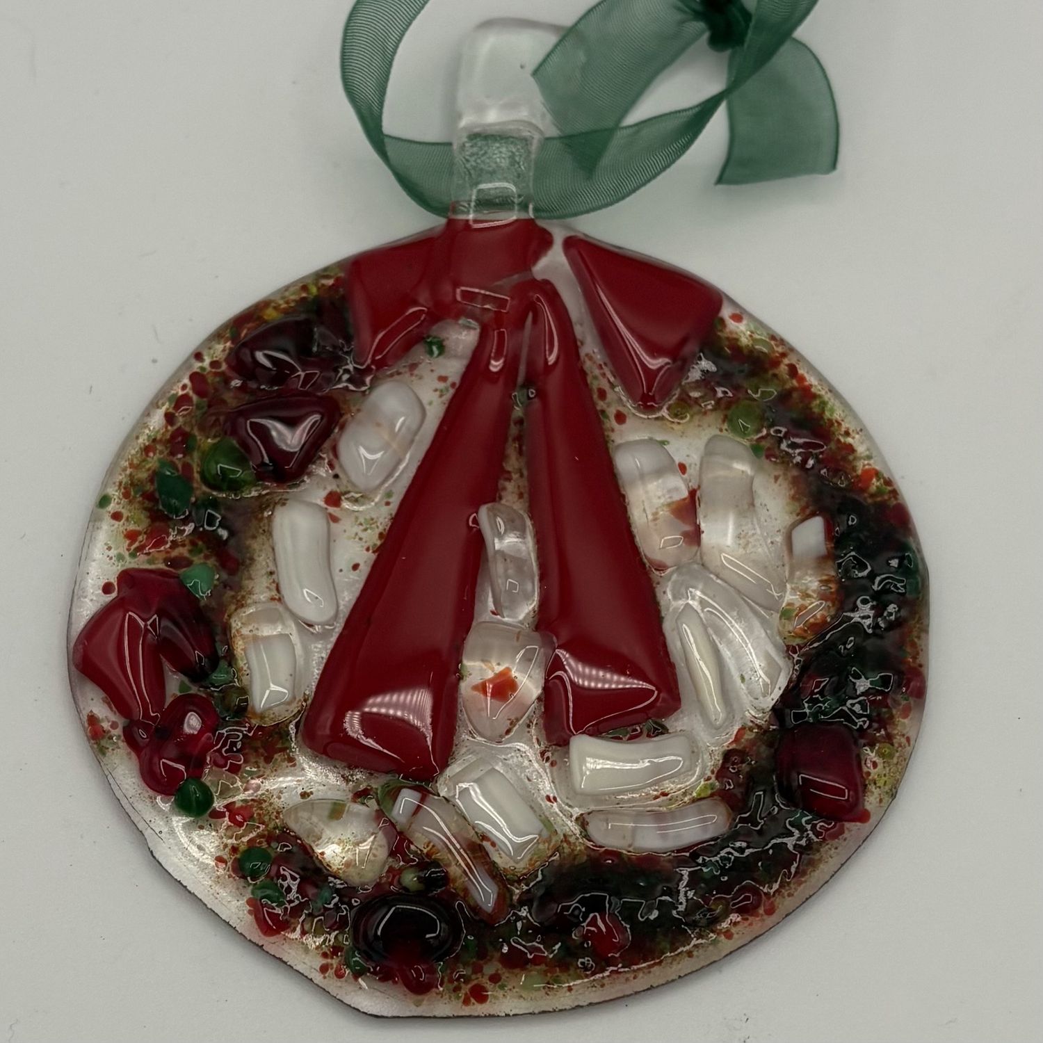 Jody Mann, Fused Glass Ornament, Festive Red Wreath