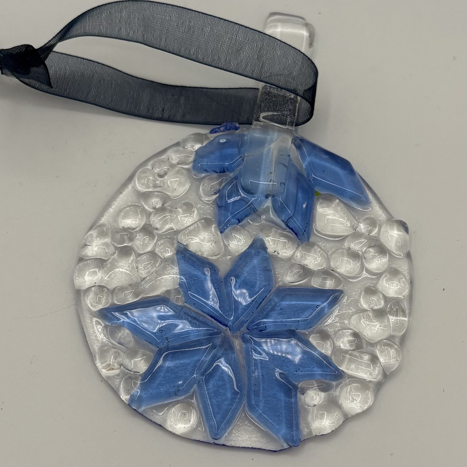 Jody Mann, Fused Glass Ornament, Blue Snowflakes
