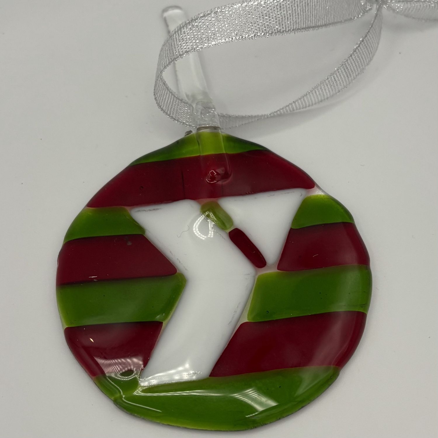 Kenny Needham, Fused Glass Ornament, White &#39;Y&#39; on Red and Green