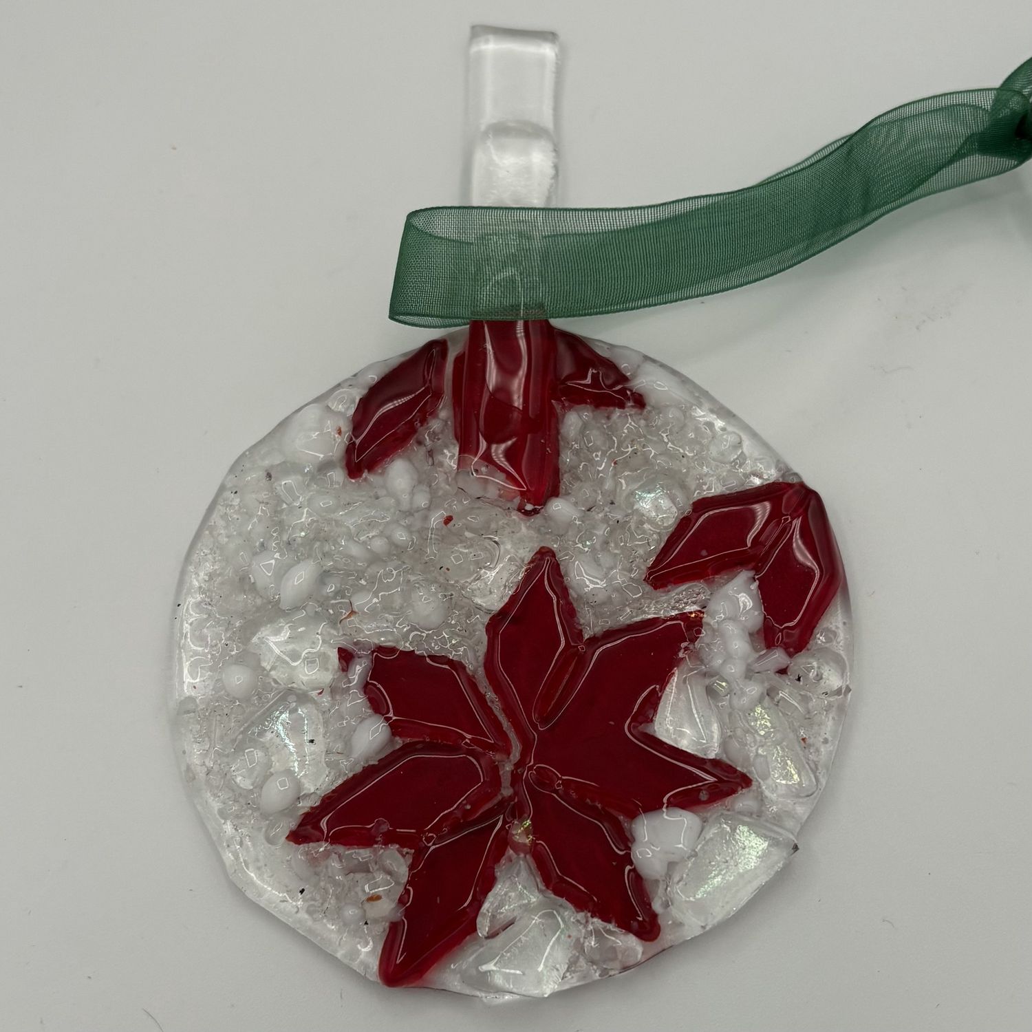 Jessica Bays, Fused Glass Ornament, Red Snowflakes