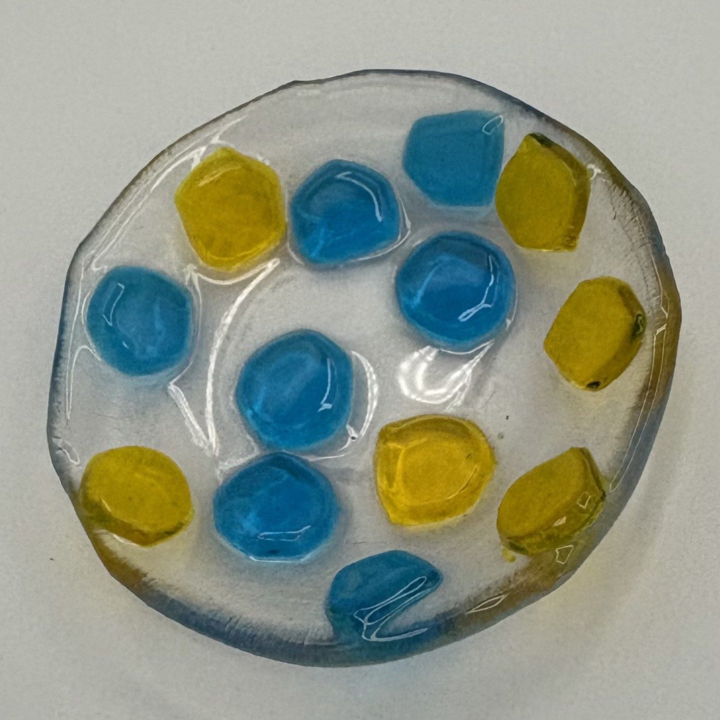 Alphonso Rowe, Fused Glass Ring Dish, Yellow and Blue Circles