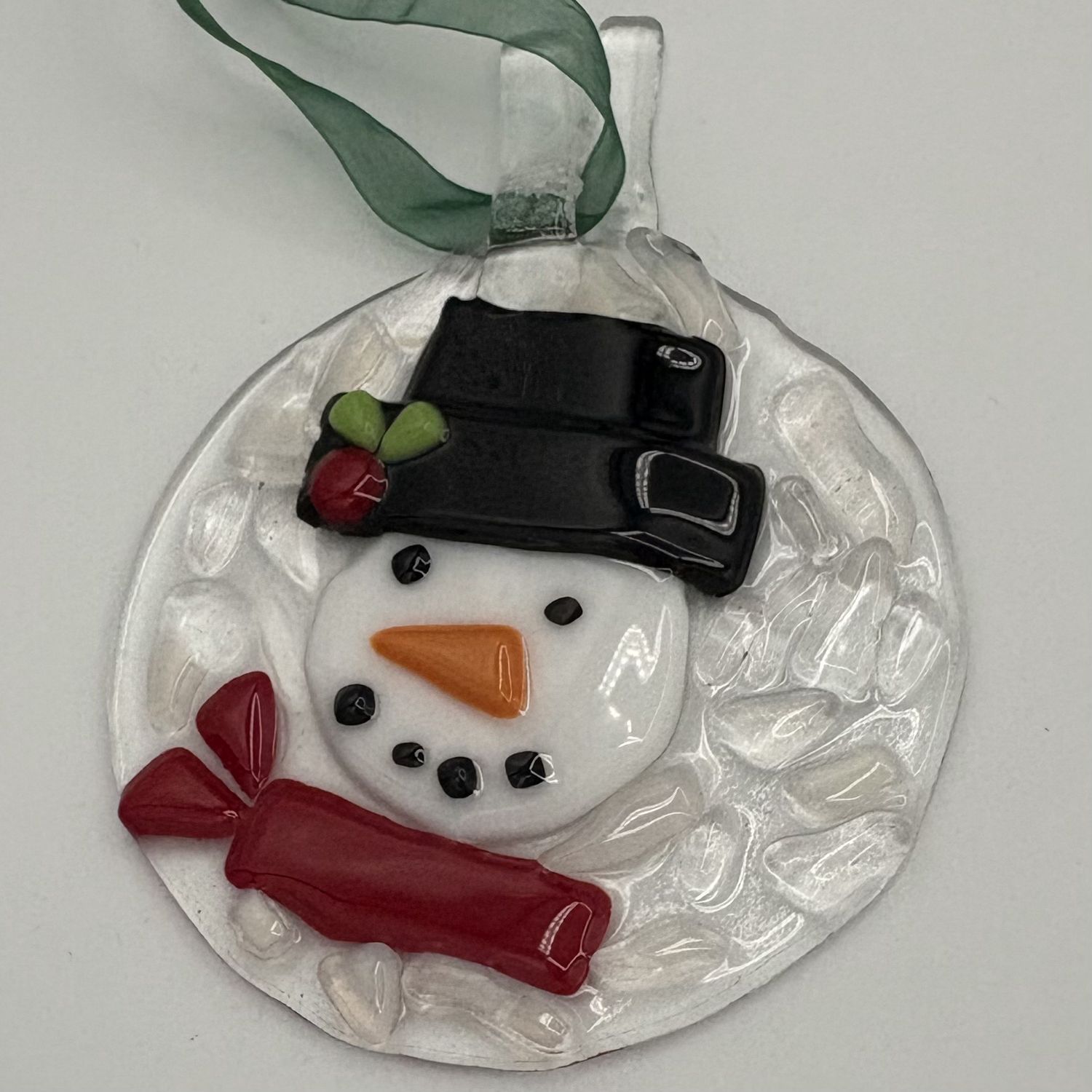 Katie Albers, Fused Glass Ornament, Happy Snowman in Red