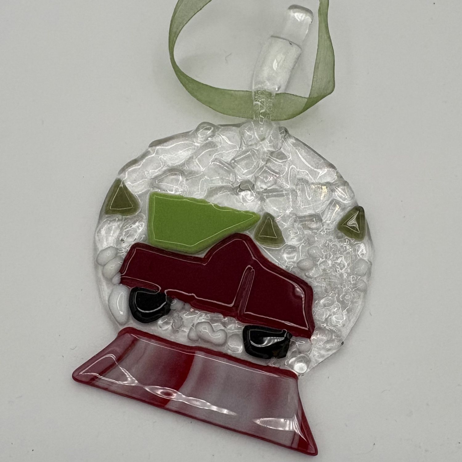 Jordan Satterfield, Fused Glass Ornament, Red Christmas Tree Truck