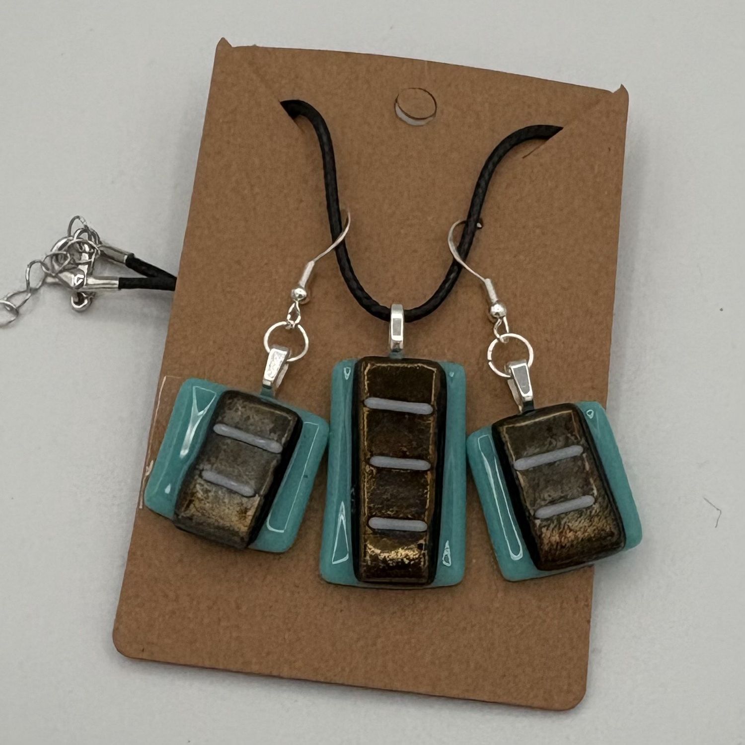 Alphonso Rowe, Fused Glass Jewelry Set, Shiny Striped Rectangles on Turquoise